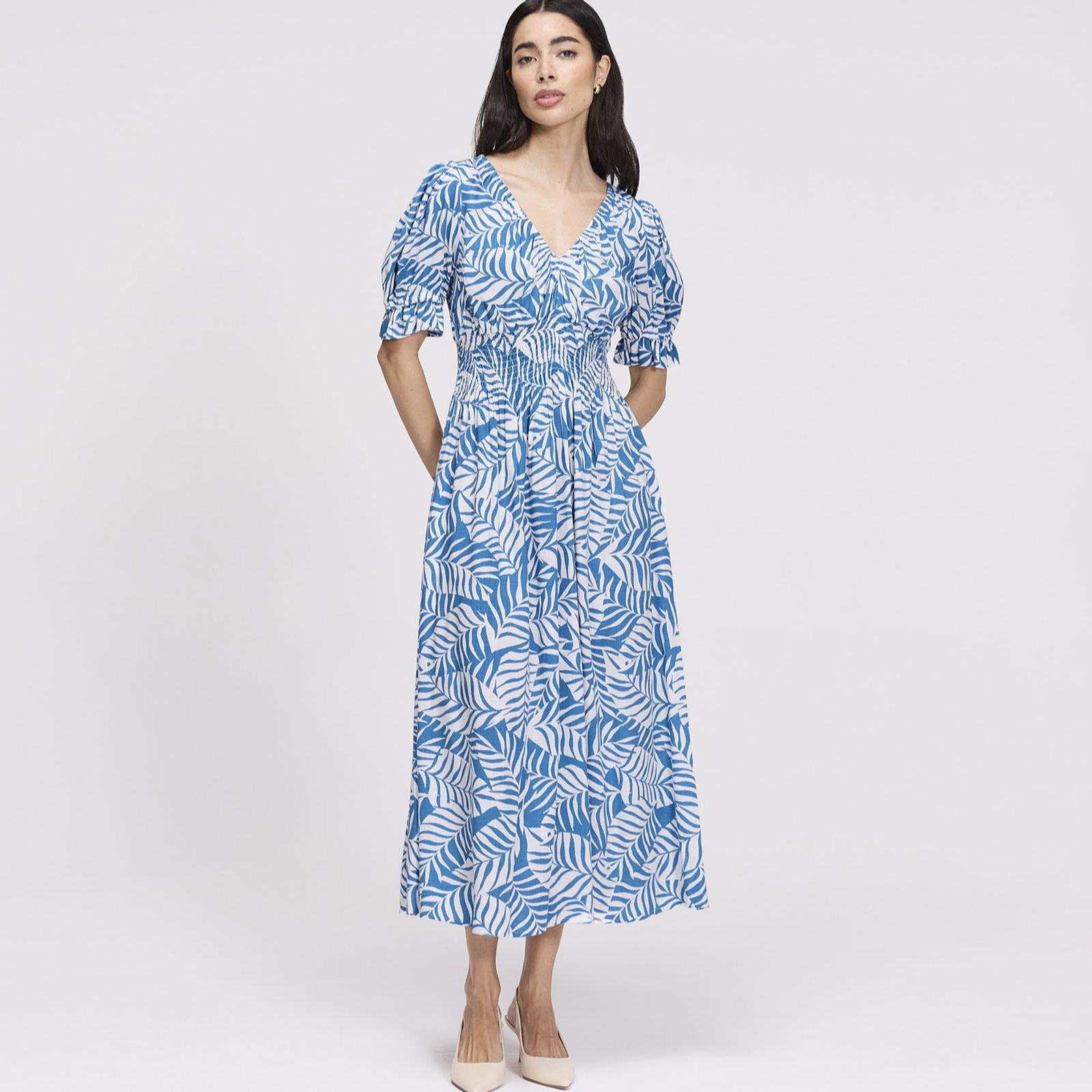 Finery London Lorelai Palm Print Viscose Dress Standard Length