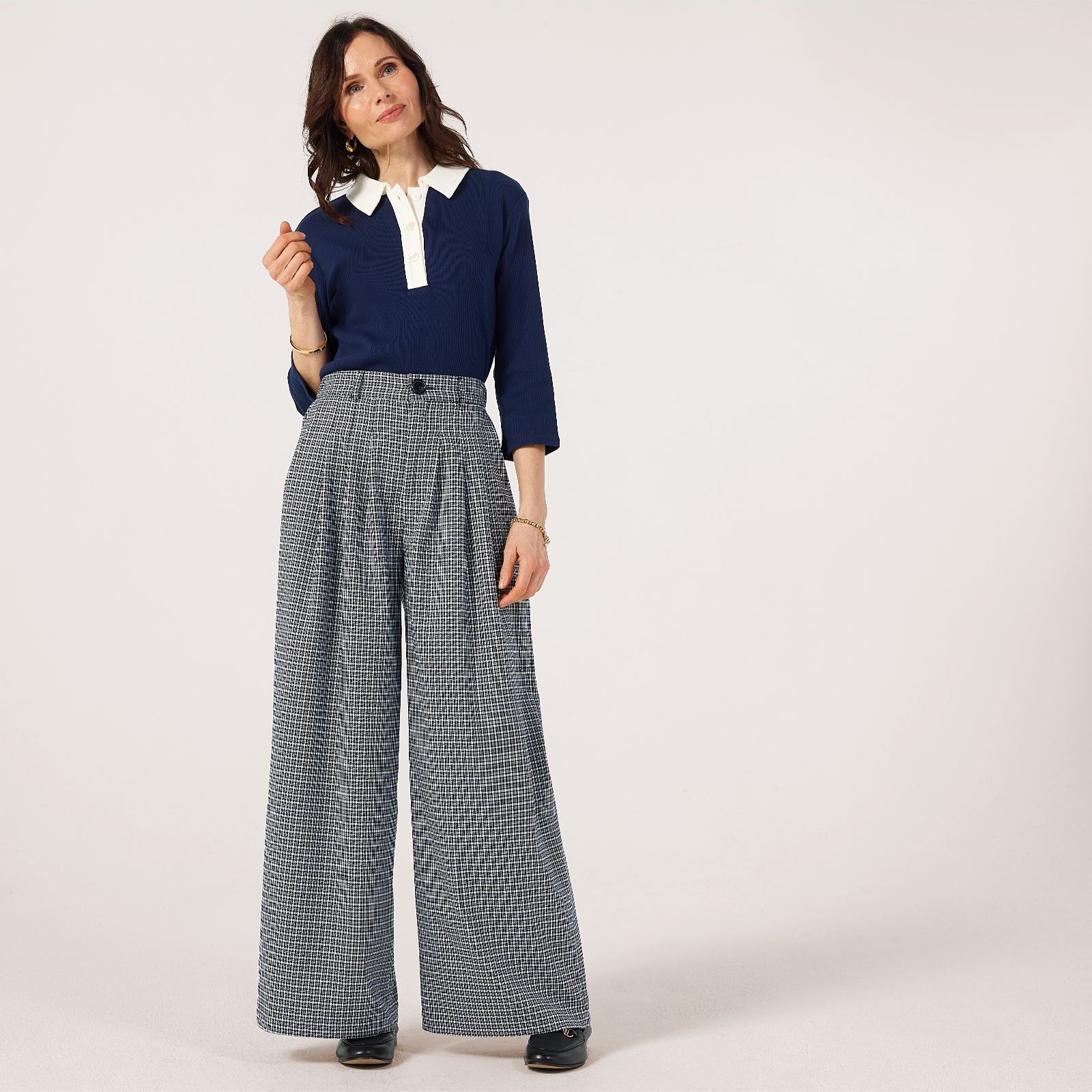 Helene Berman Patterned Front Pleat Wide Leg Tousers