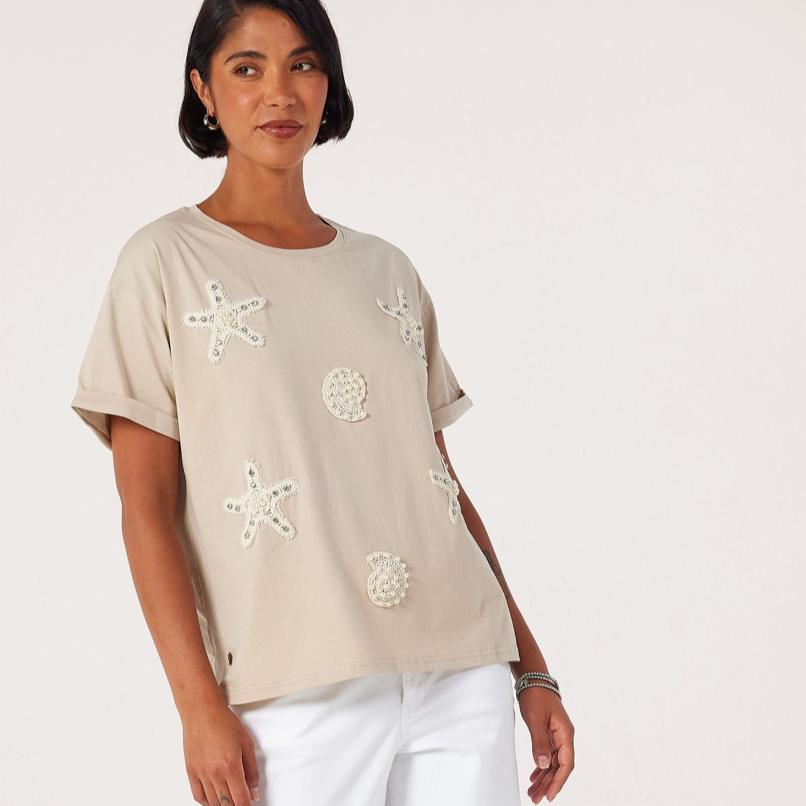 Malissa J Round Neck Jersey T-Shirt with Shell Embellishment
