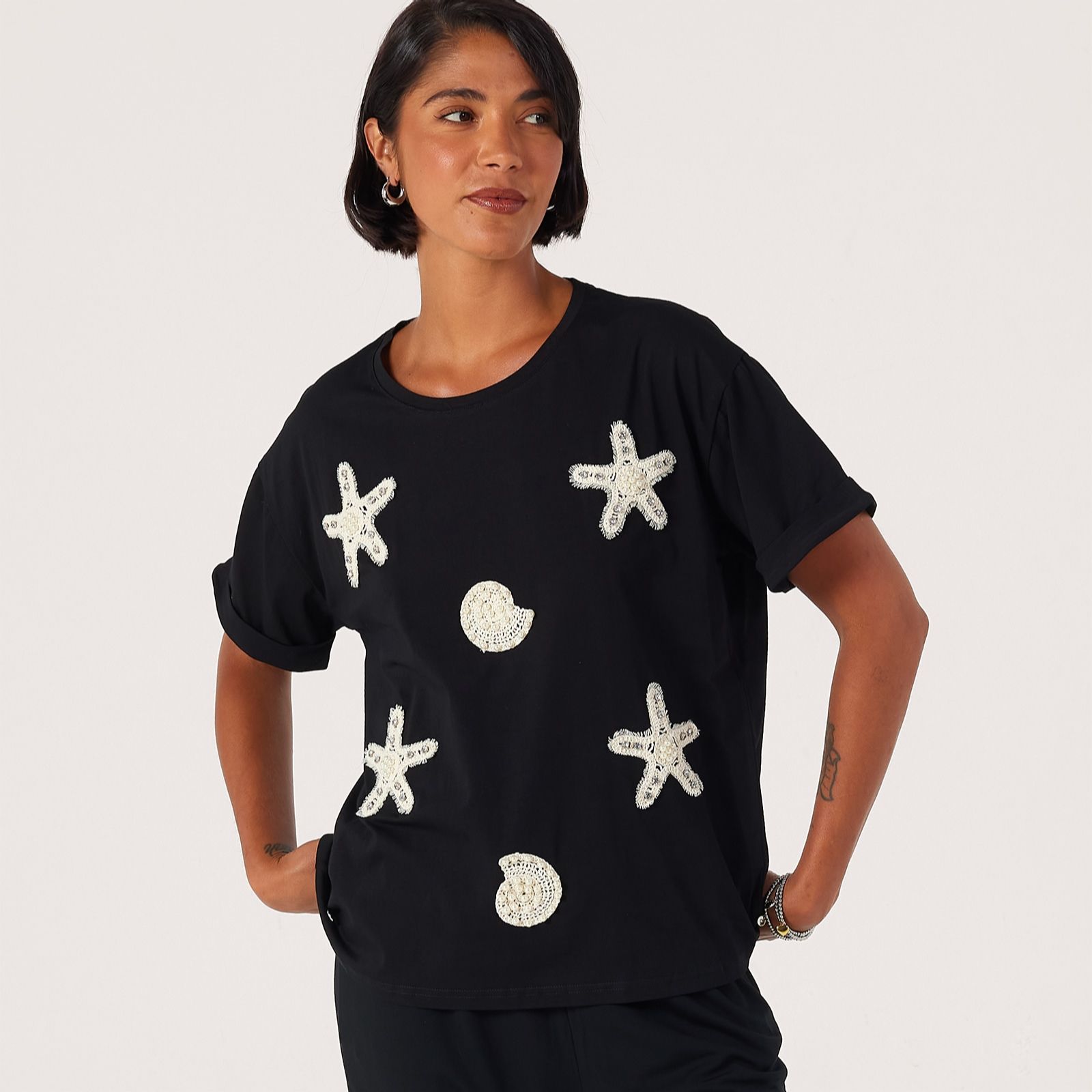 Malissa J Round Neck Jersey T-Shirt with Shell Embellishment