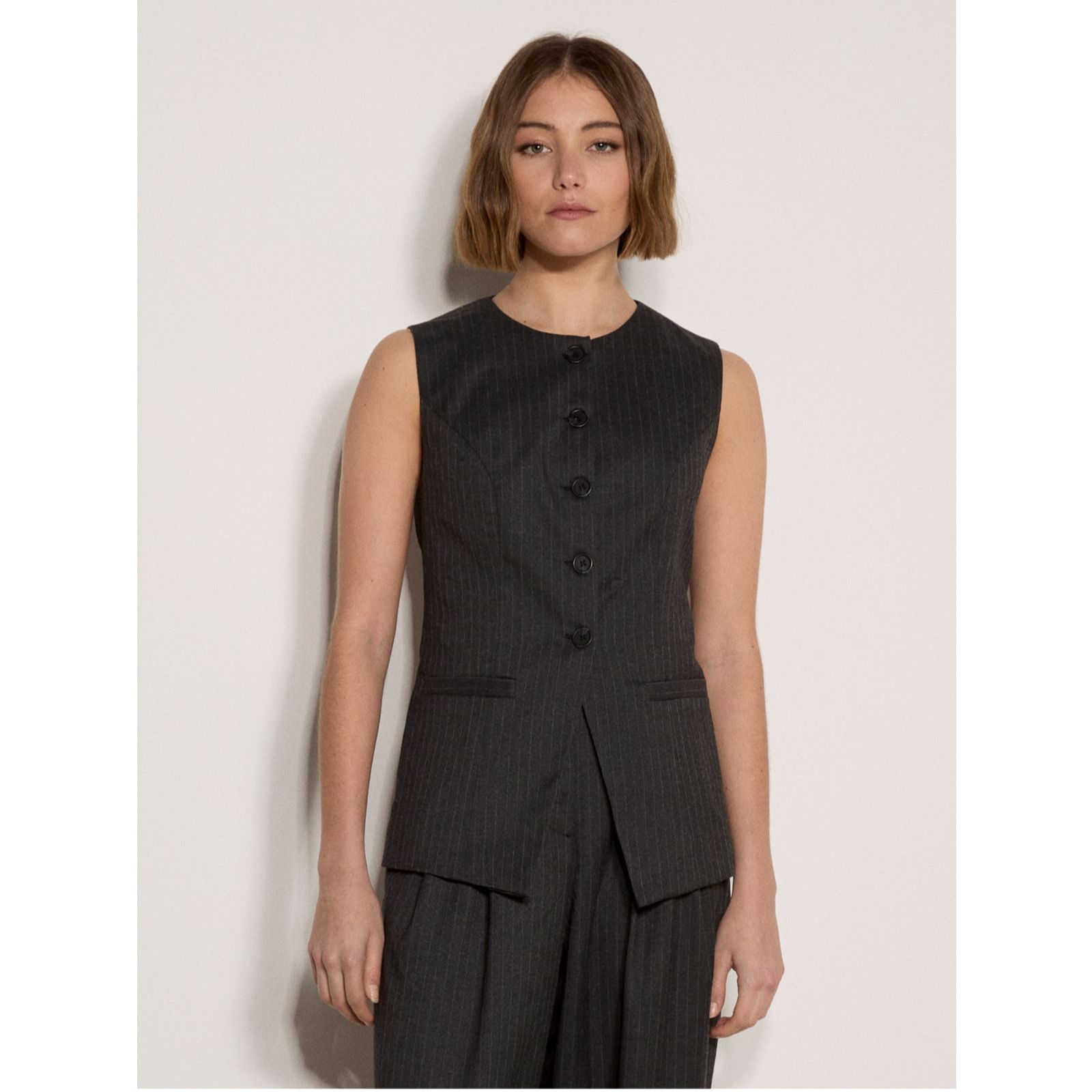 Apricot Pinstripe High Neck Tailored Top