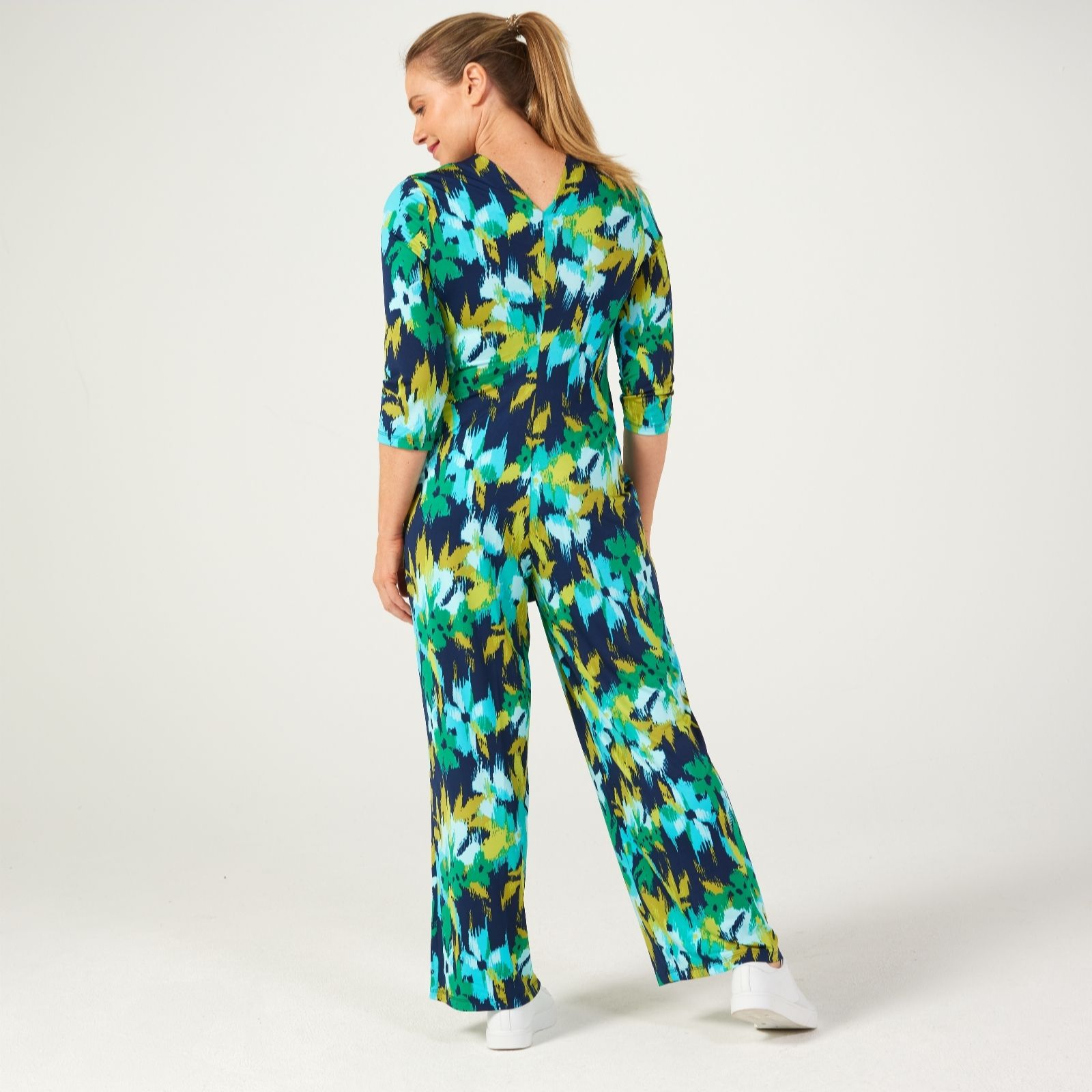 Kim Co Printed Brazil Jersey Tie Front Jumpsuit Petite QVC UK