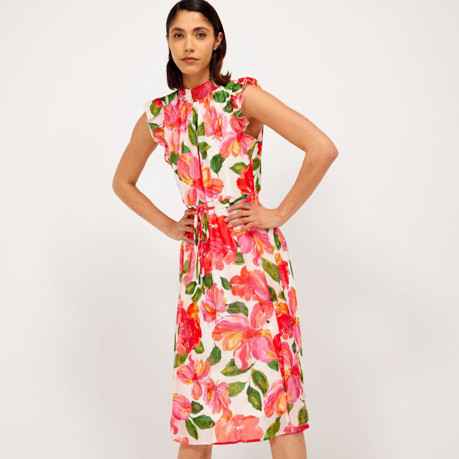 Nina Leonard Flutter Cap Sleeve Smocked Chiffon Printed Dress - QVC UK