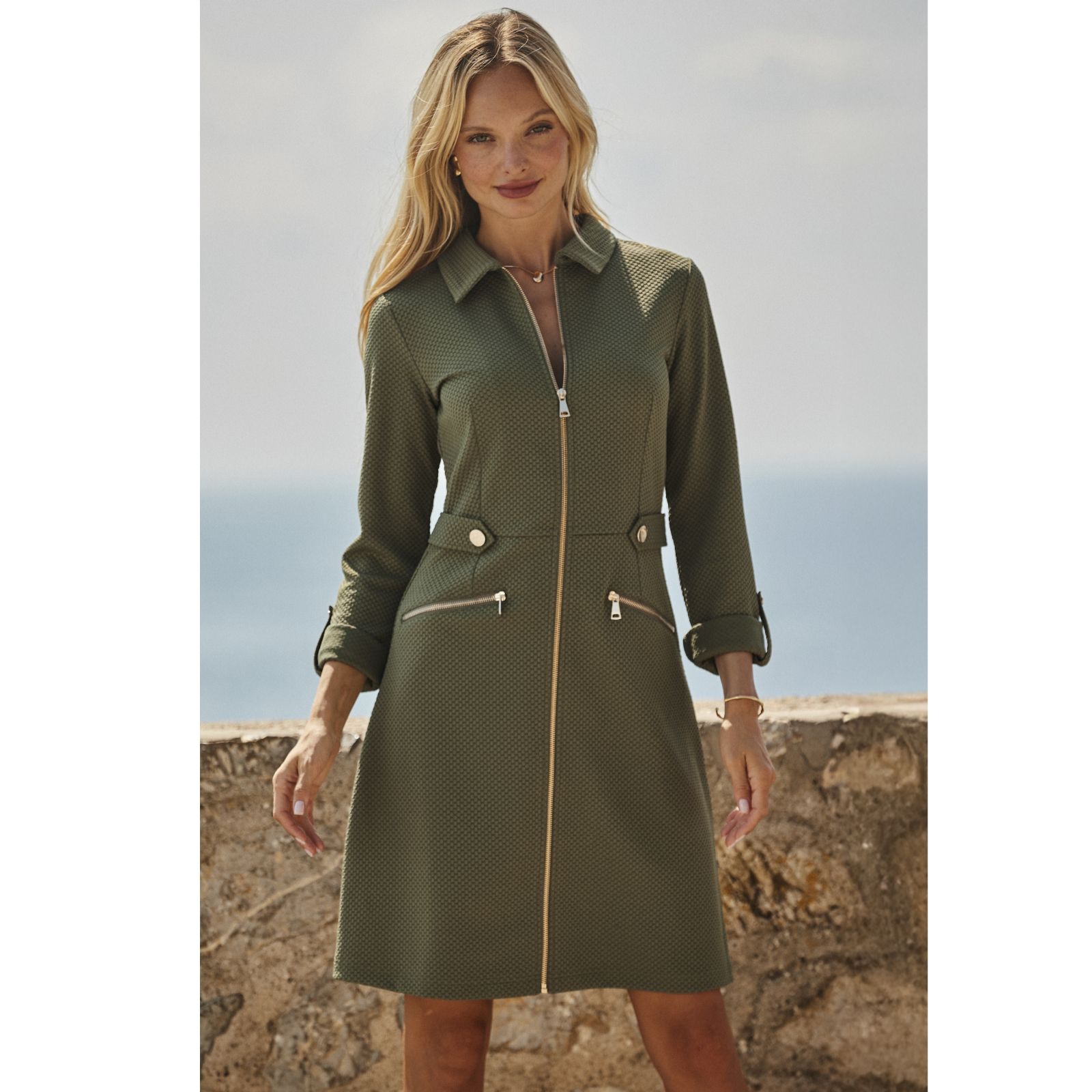 Sosandar Waffle Zip Through Midi Dress Khaki