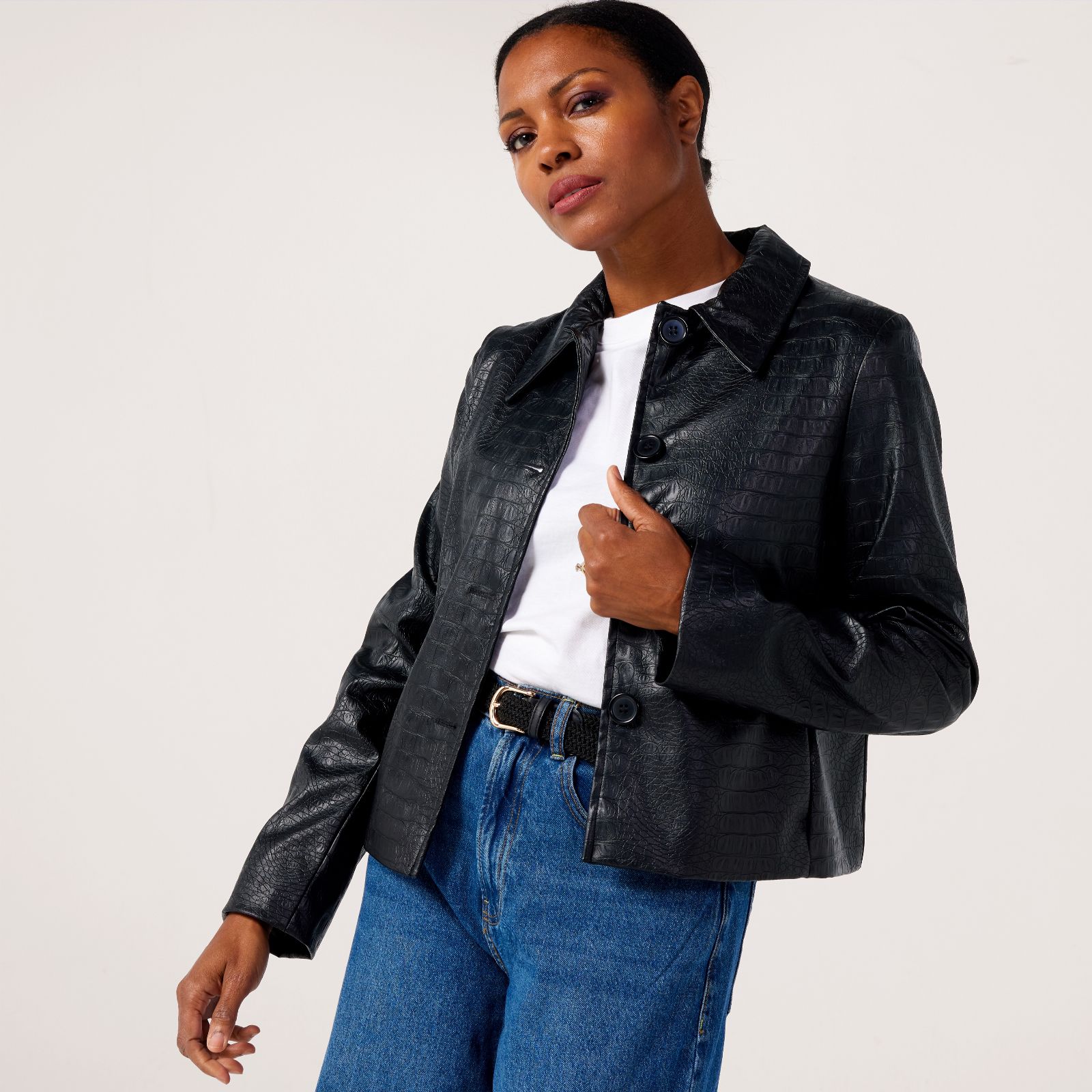Helene Berman Mock Croc Leather Effect Cropped Jacket