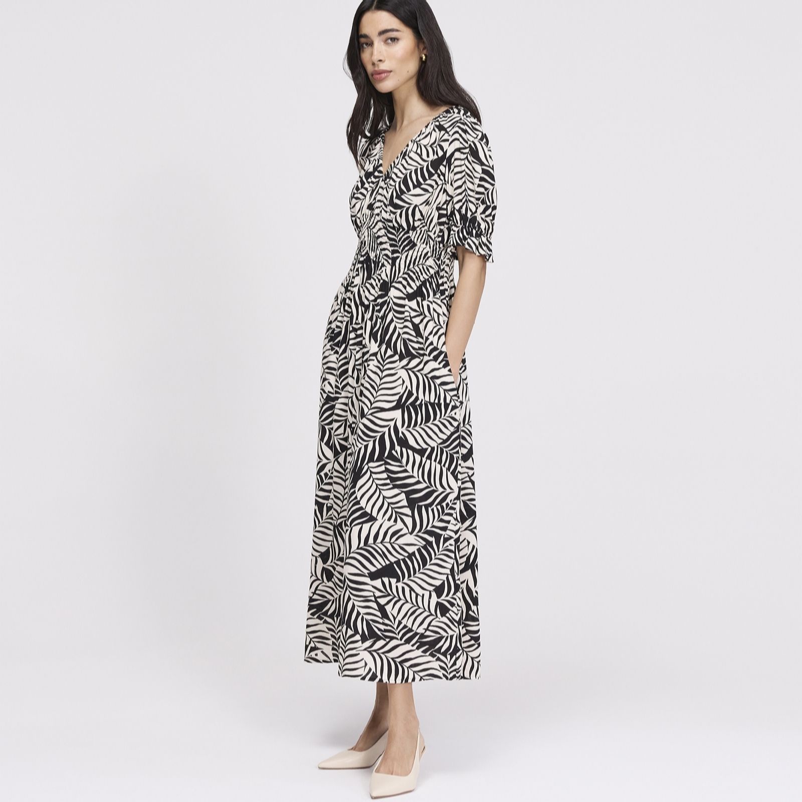 Finery London Lorelai Palm Print Viscose Dress Short Length