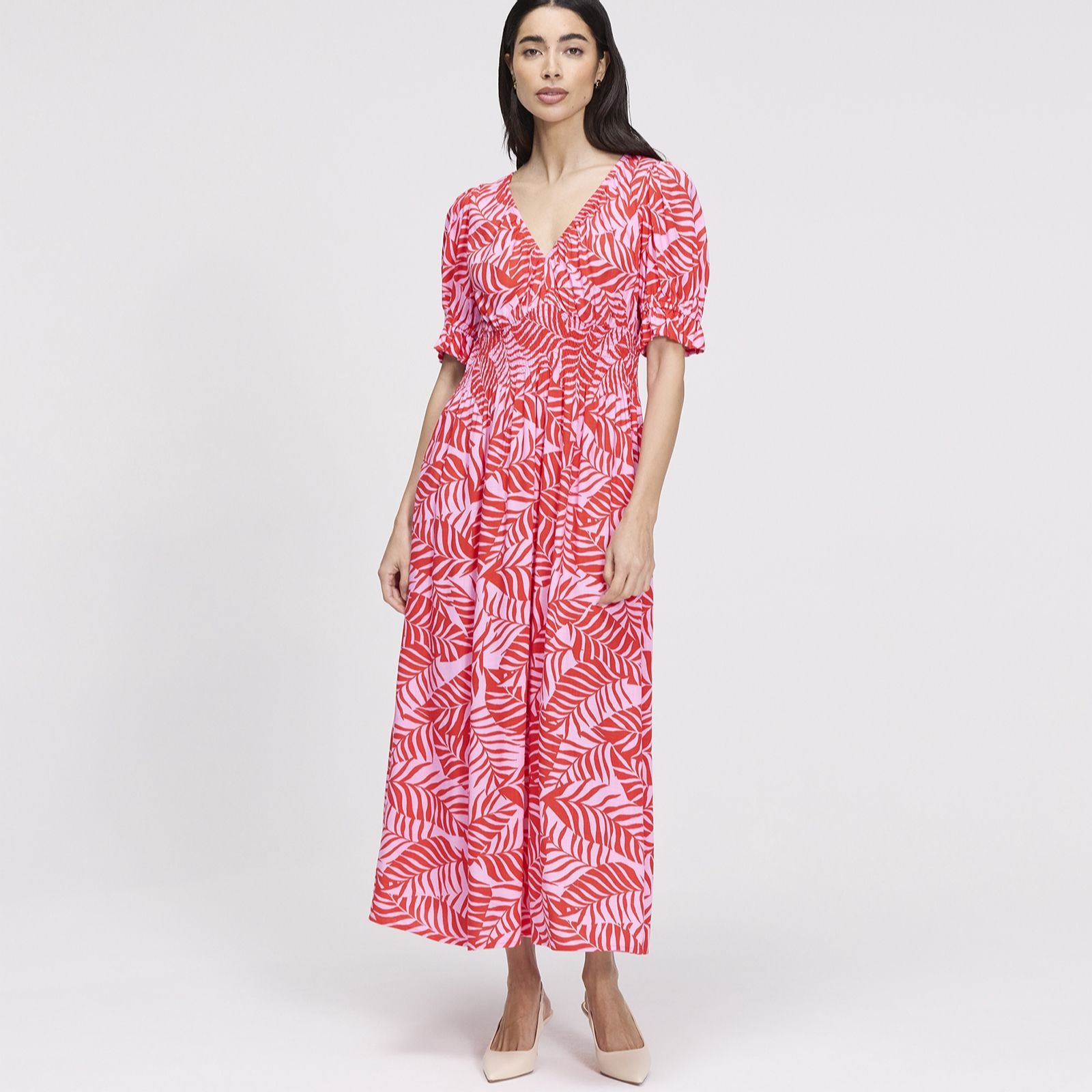 Finery London Lorelai Palm Print Viscose Dress Short Length