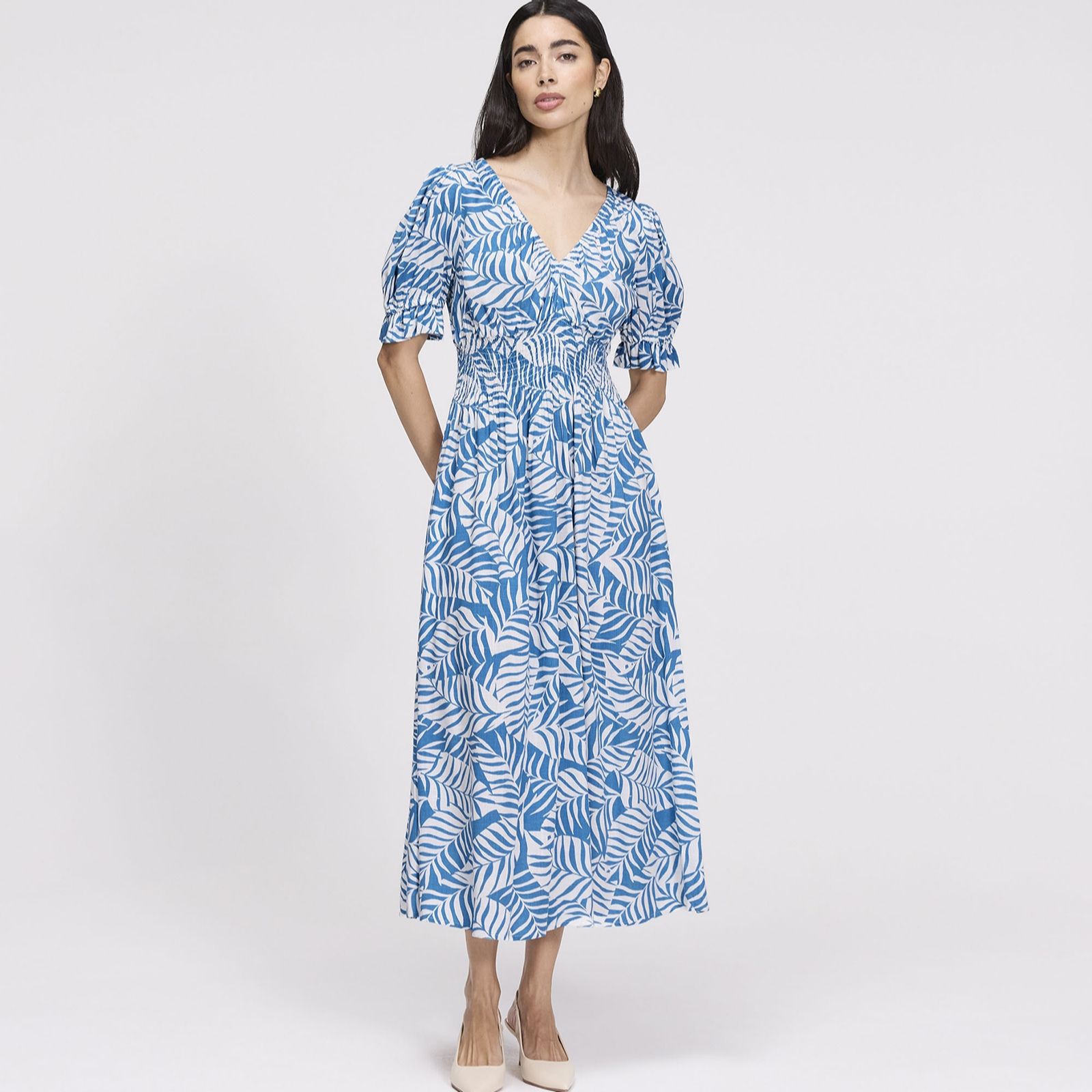 Finery London Lorelai Palm Print Viscose Dress Short Length