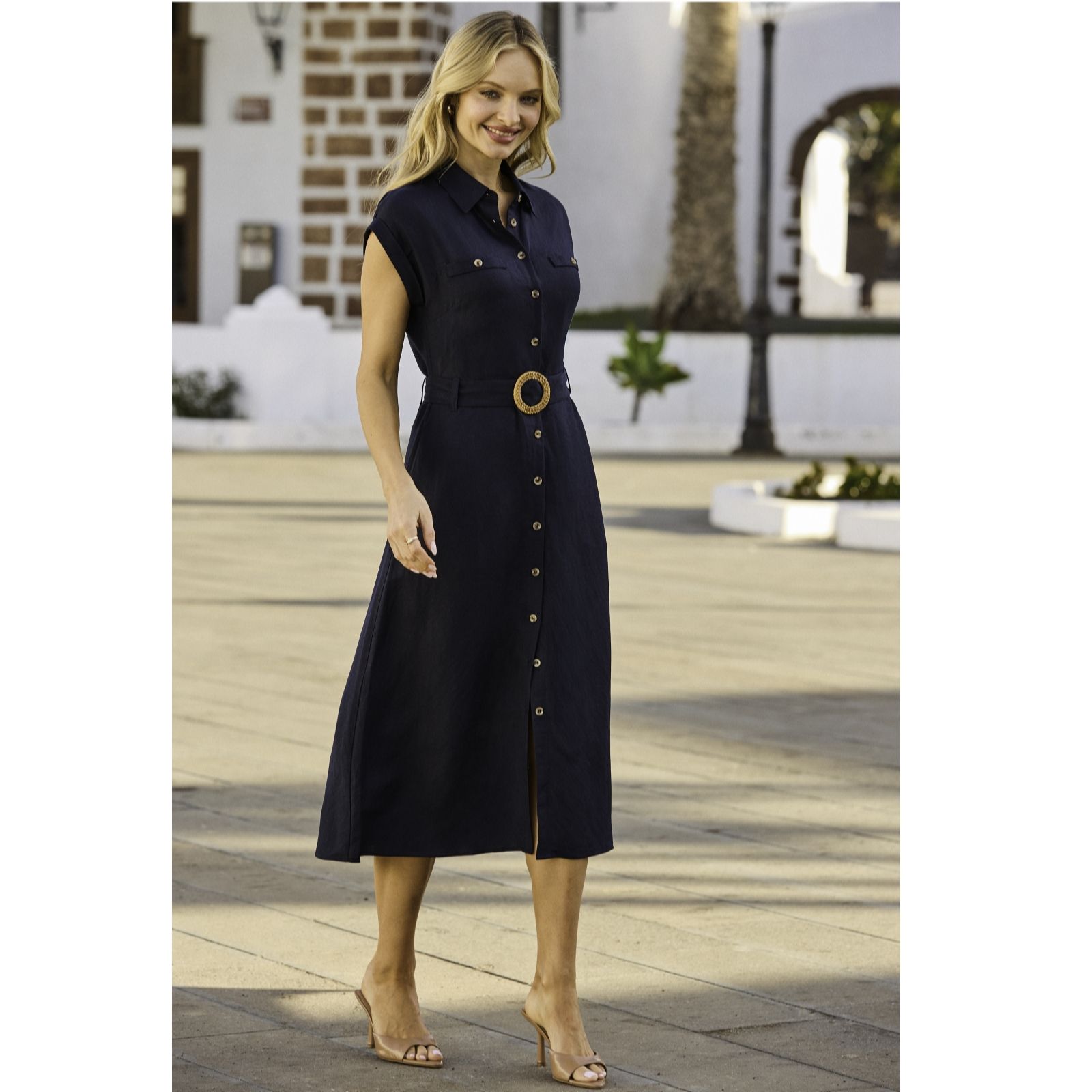 Sosandar Linen Blend Rattan Belt Dress