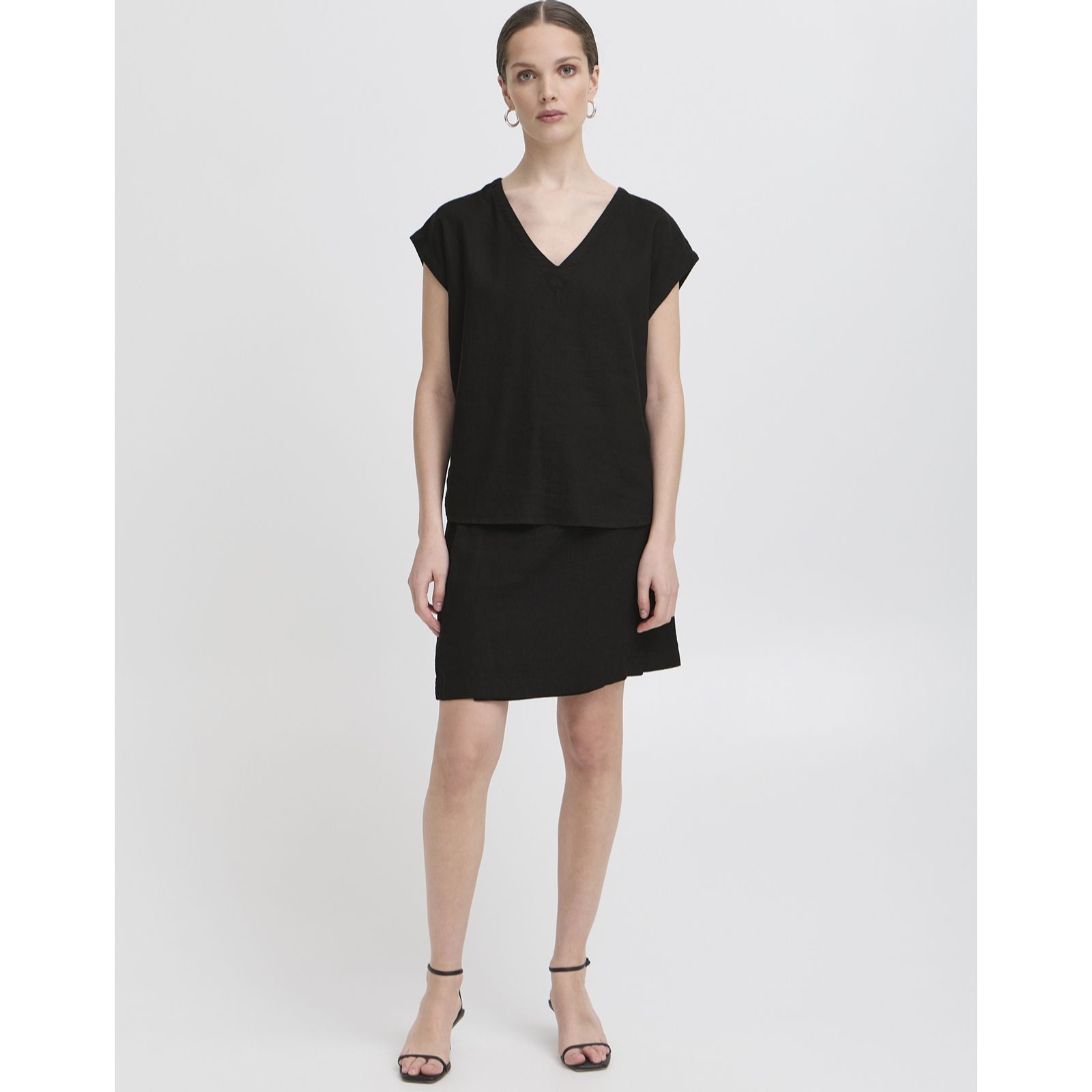 ICHI Linno V-Neck Short Sleeve Linen Blend Top