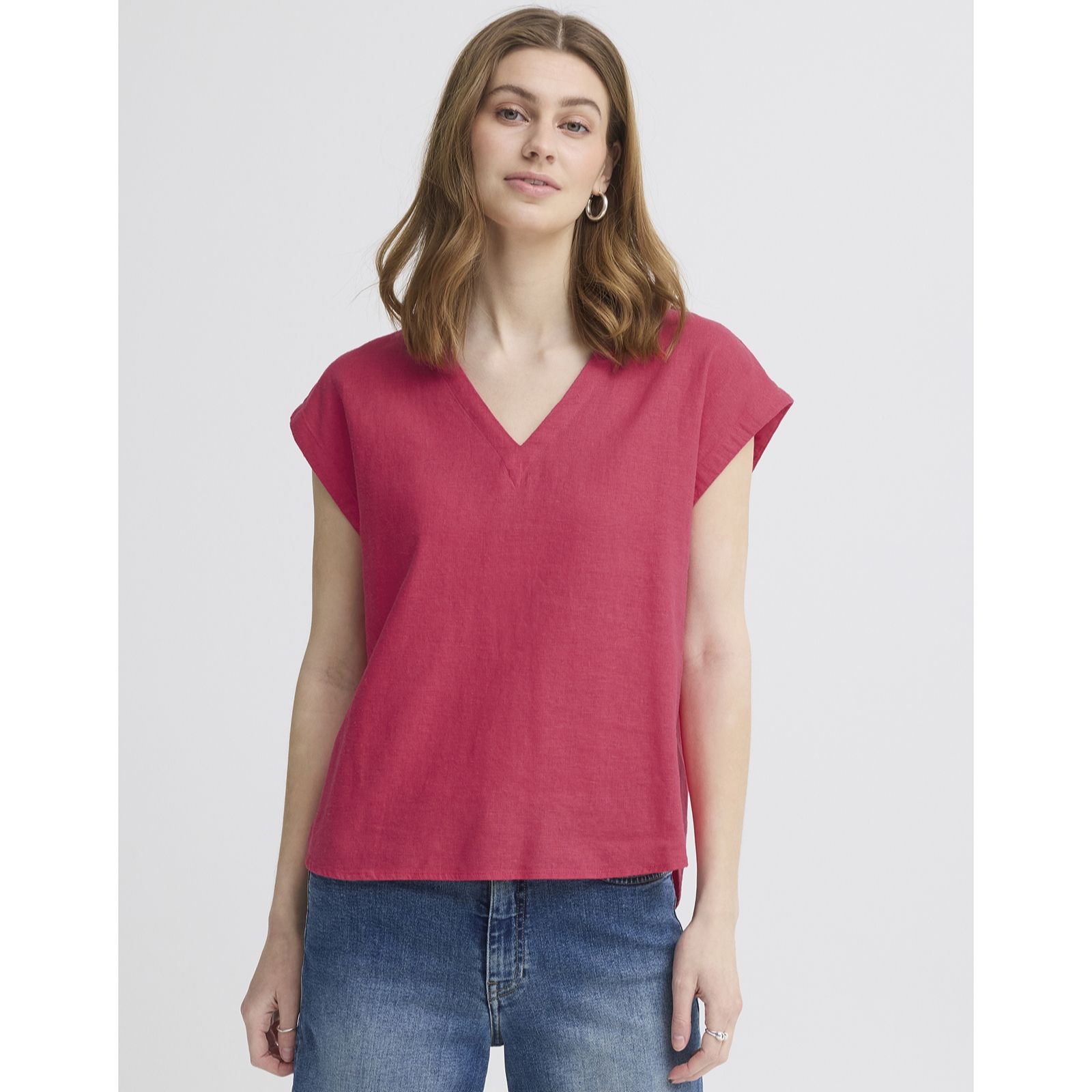 ICHI Linno V-Neck Short Sleeve Linen Blend Top