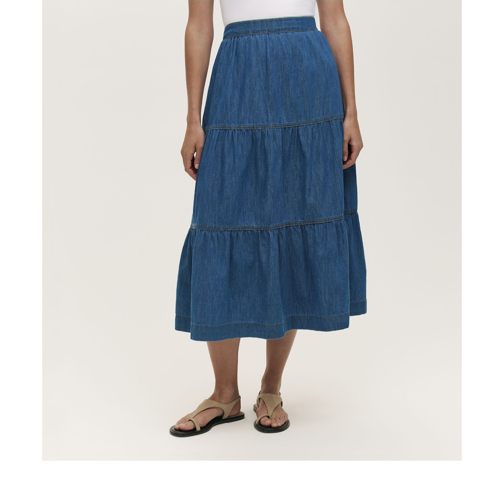 Finery London Lulu Denim Tiered Stretch Waist Midi Skirt