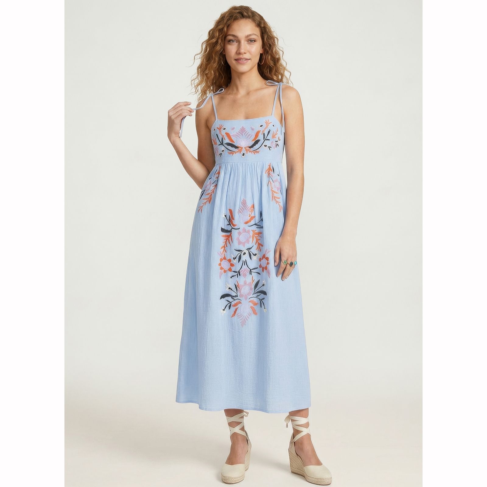Raffya Furla Cotton Smocked Panel Embroidered Midi Dress