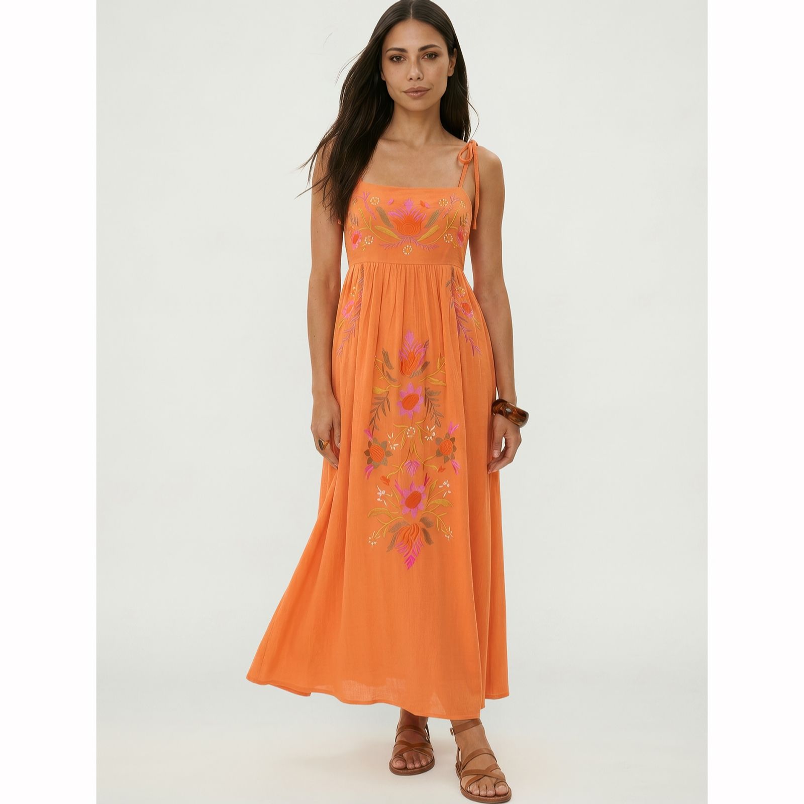 Raffya Furla Cotton Smocked Panel Embroidered Midi Dress