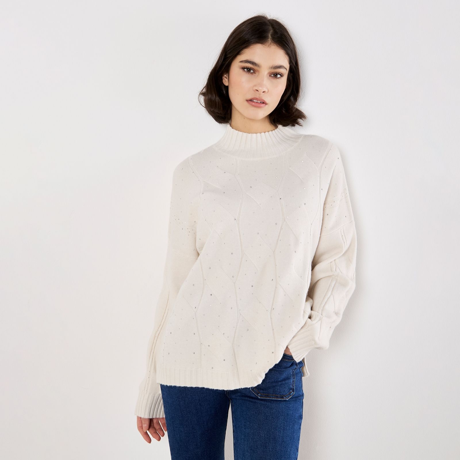 Apricot Sparkle Cable Front Mock Neck Jumper