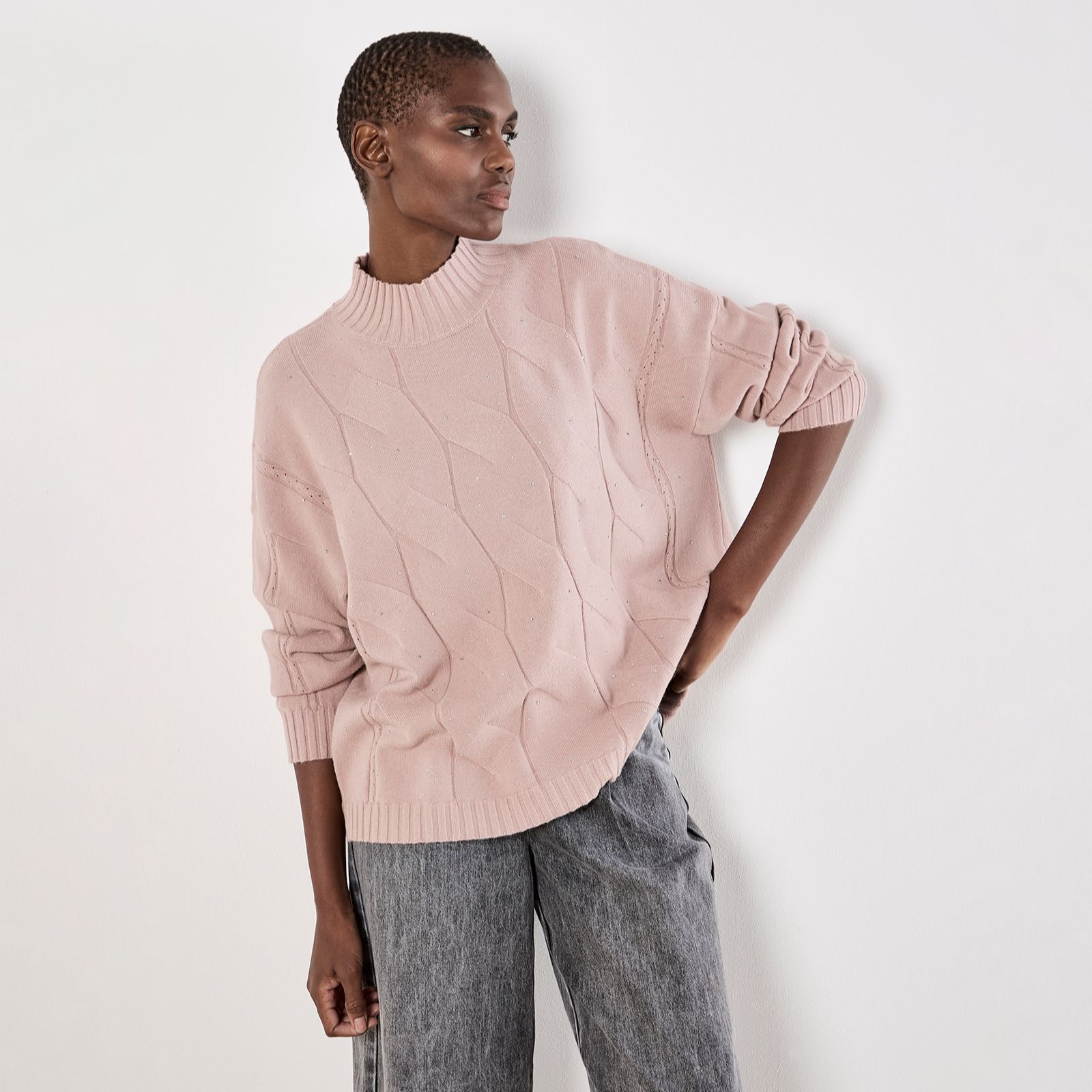 Apricot Sparkle Cable Front Mock Neck Jumper