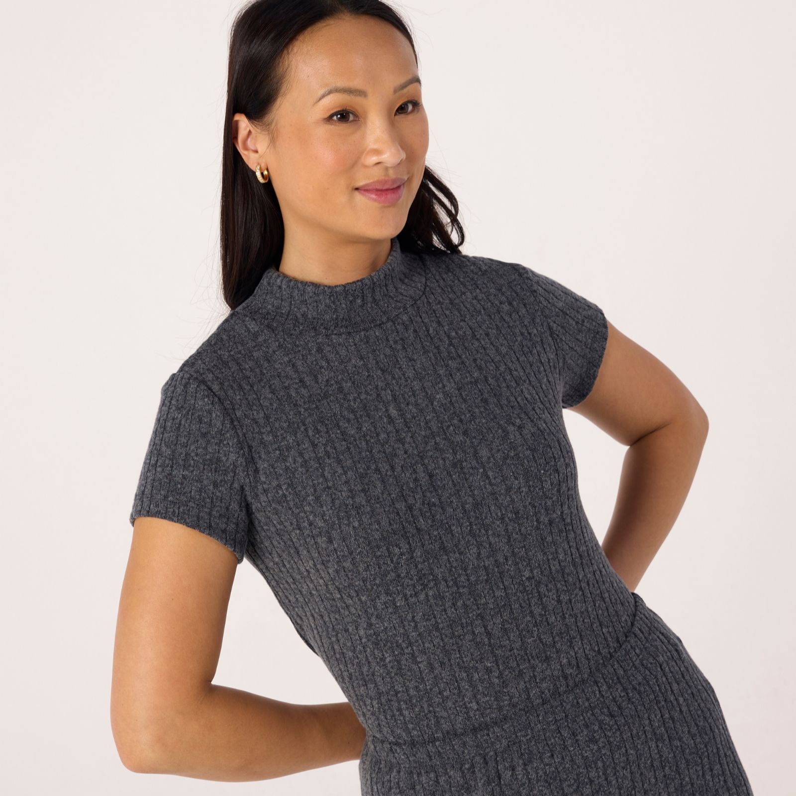 Kim & Co Fine Cable Knit Short Sleeve Mock Neck Top