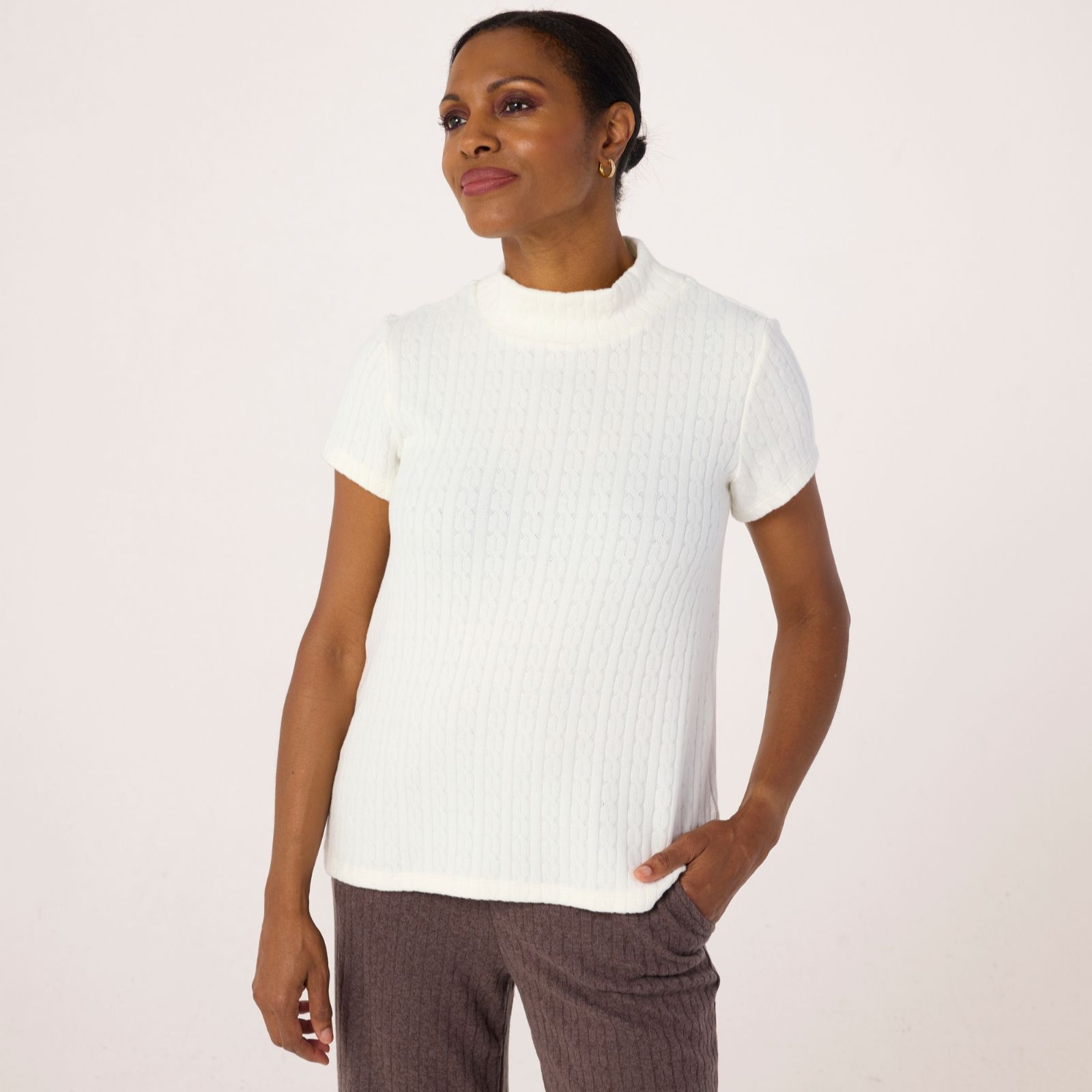 Kim & Co Fine Cable Knit Short Sleeve Mock Neck Top