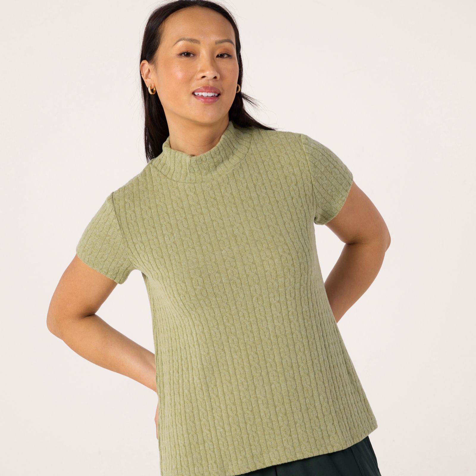 Kim & Co Fine Cable Knit Short Sleeve Mock Neck Top