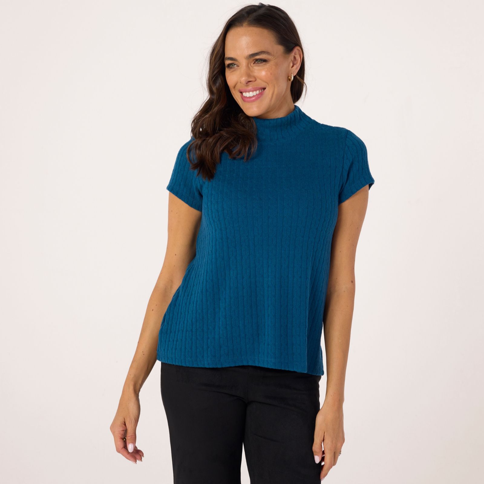 Kim & Co Fine Cable Knit Short Sleeve Mock Neck Top