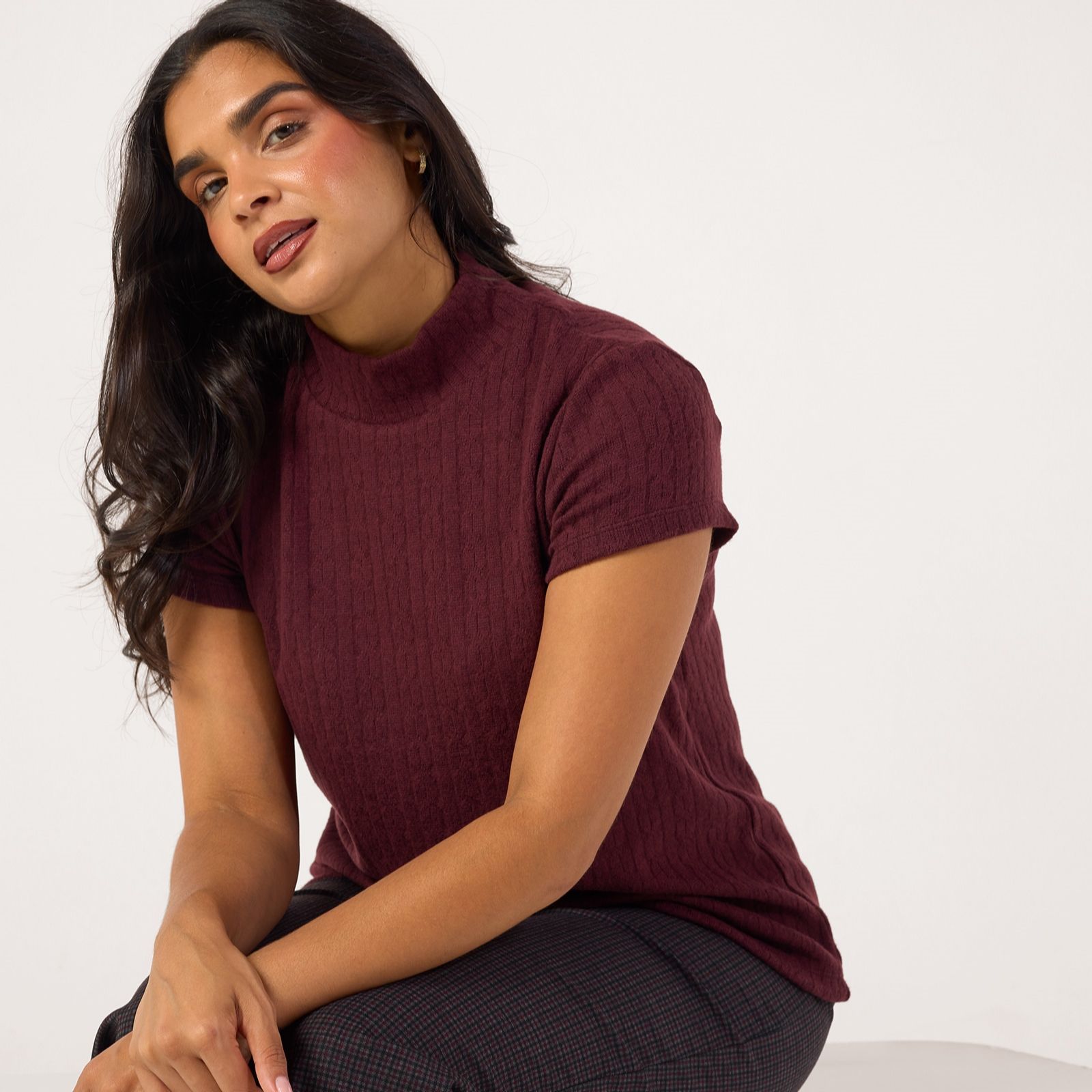 Kim & Co Fine Cable Knit Short Sleeve Mock Neck Top
