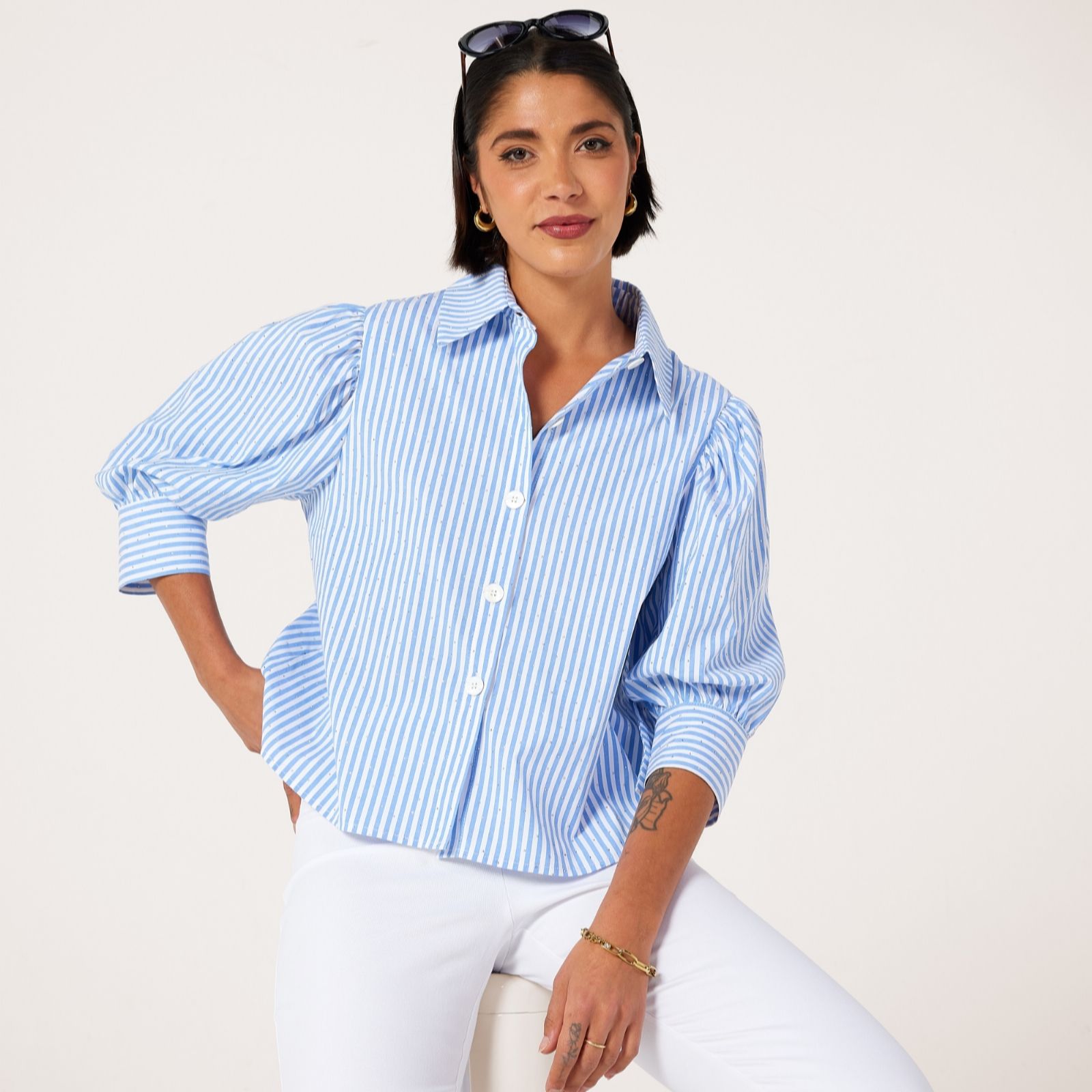 Helene Berman Embellished Crystal Stripe Relaxed Shirt