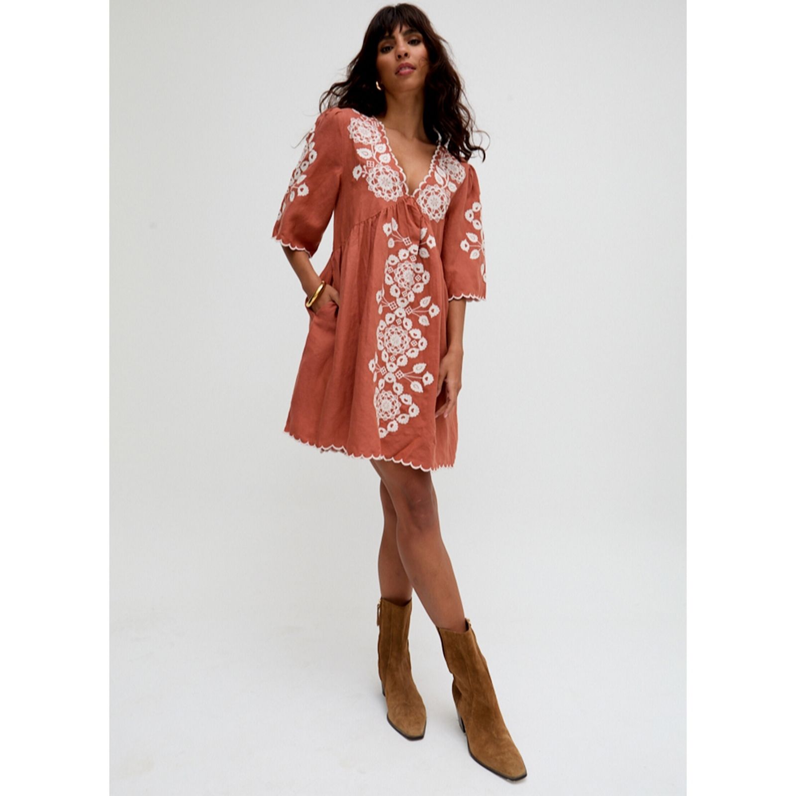 Raffya Arabella V-Neck Embroidered Short Dress
