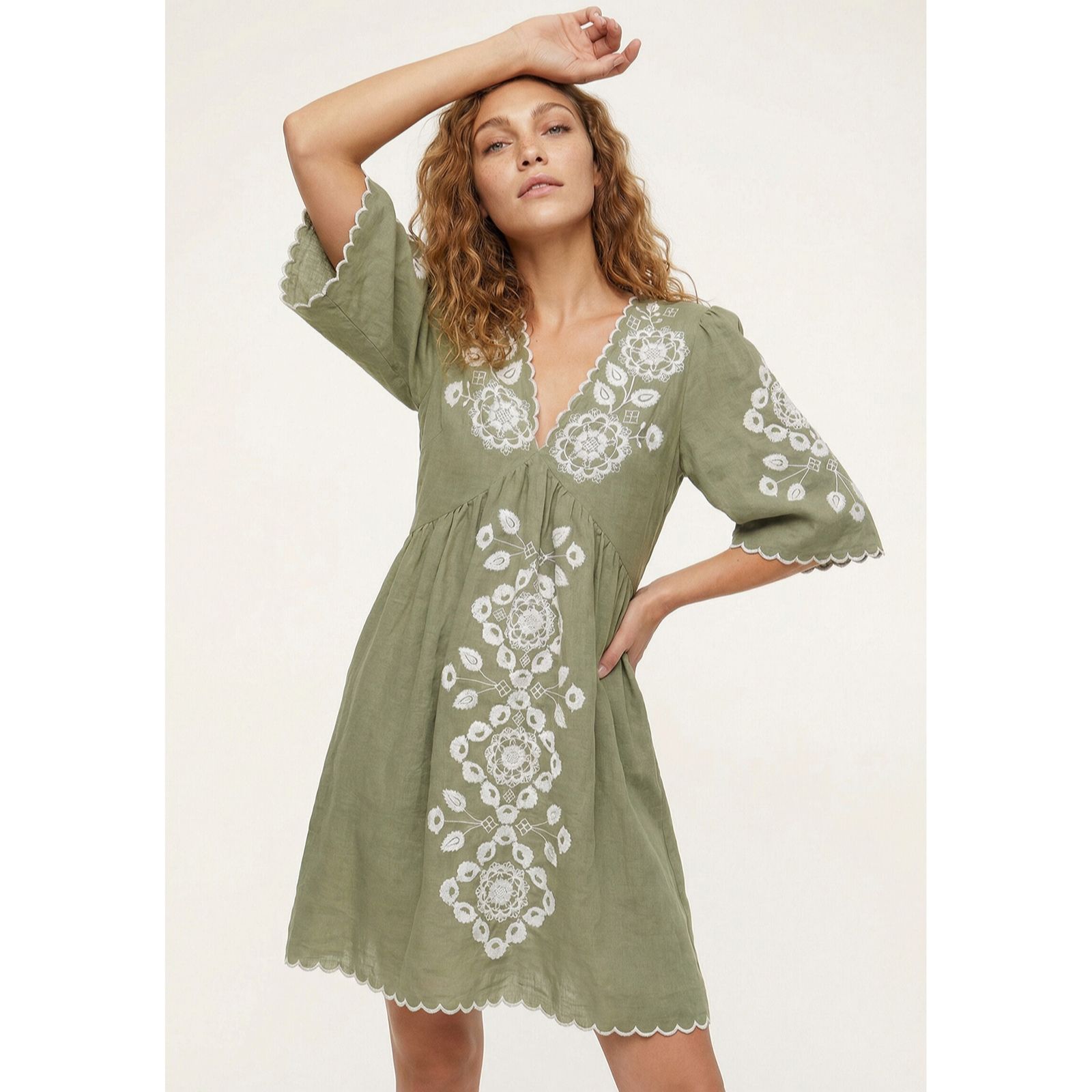 Raffya Arabella V-Neck Embroidered Short Dress