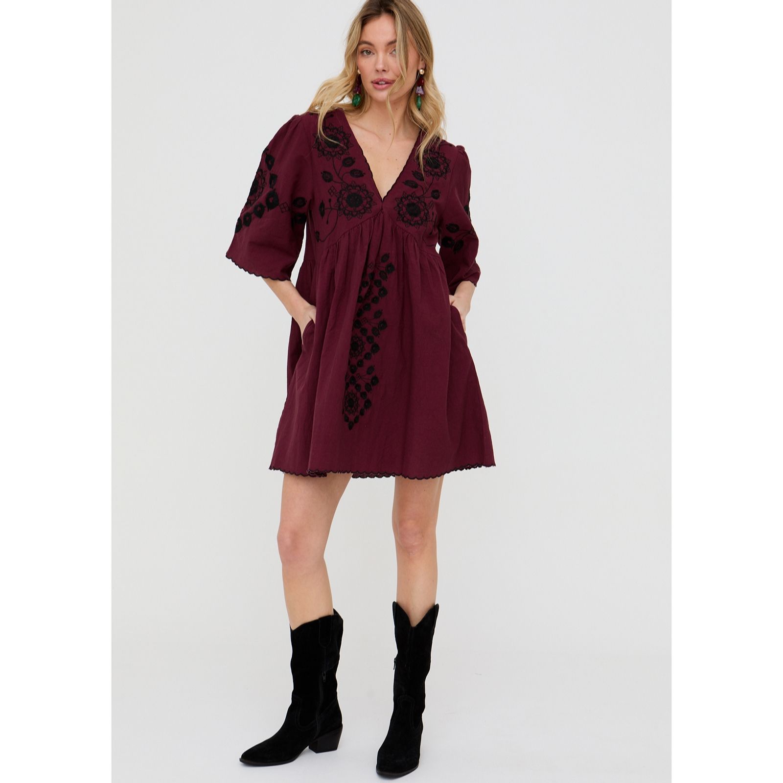 Raffya Arabella V-Neck Embroidered Short Dress