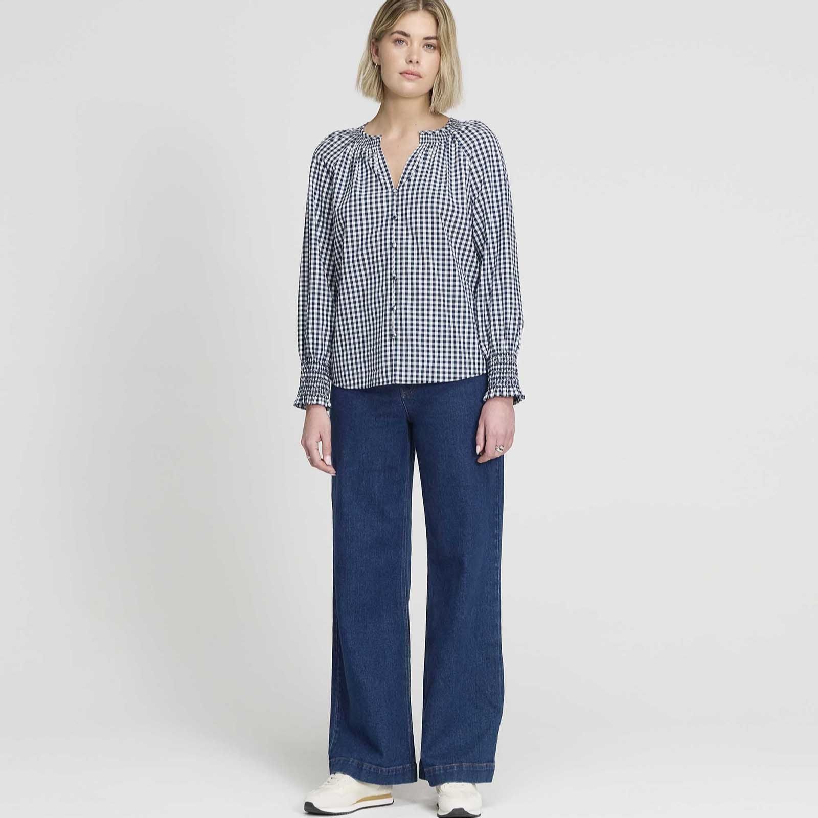 Finery London Sandy Navy Gingham Cotton Blouse