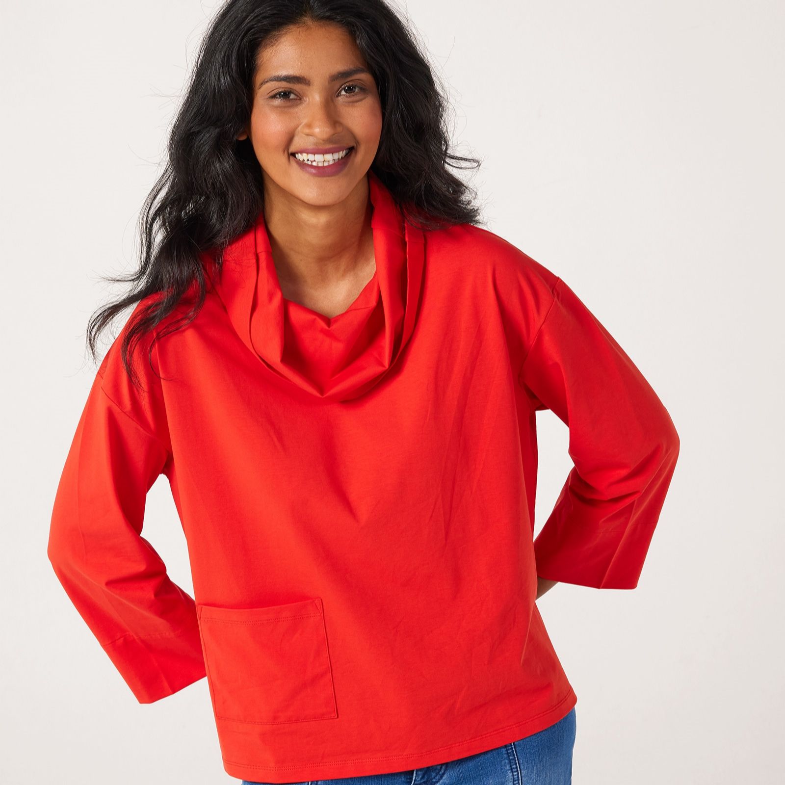 MarlaWynne Cotton Span Cowl Neck Top With Pocket