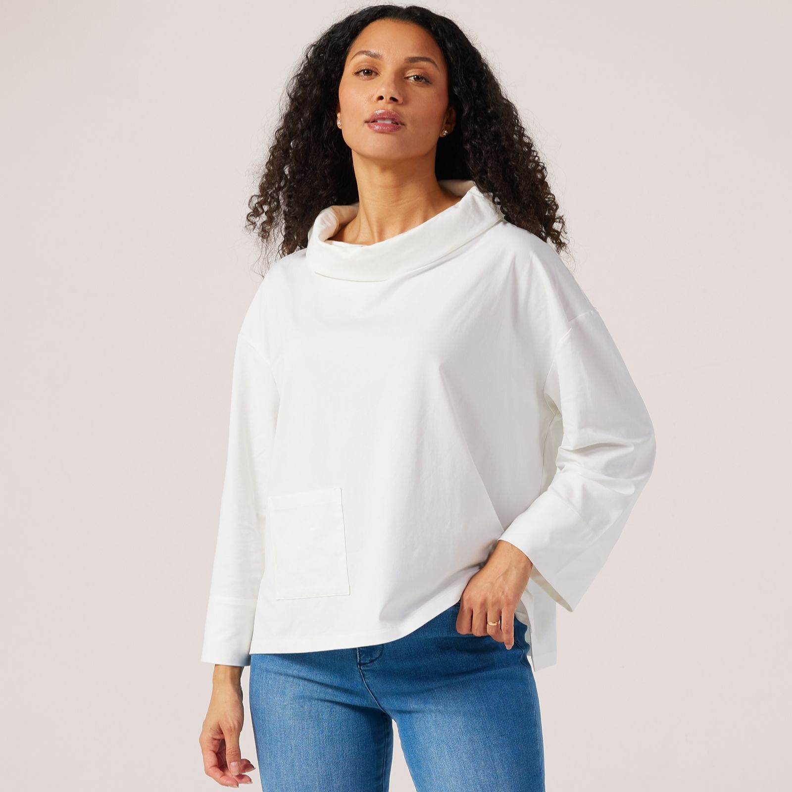 MarlaWynne Cotton Span Cowl Neck Top With Pocket