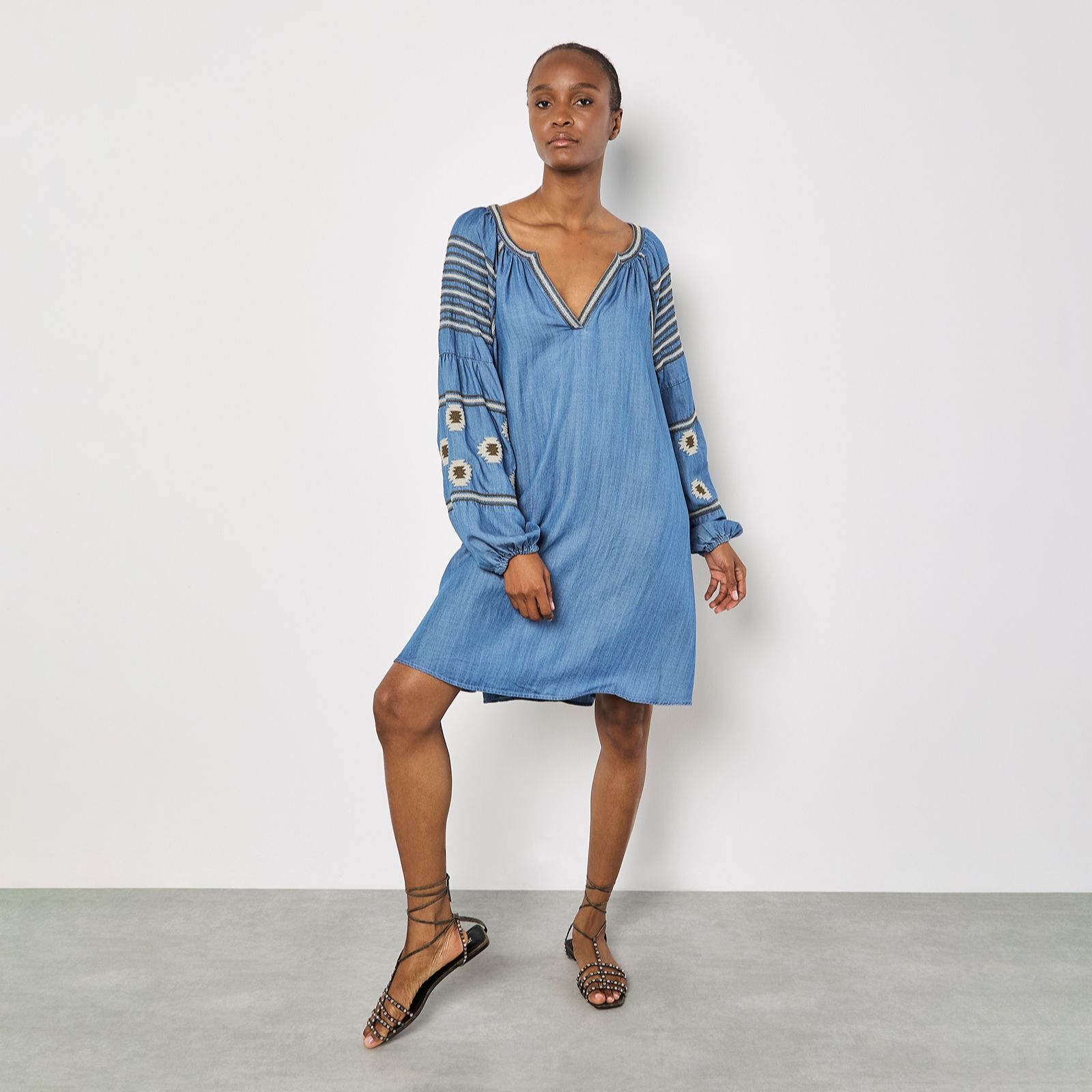 Apricot Aztec Embroidered Denim Balloon Sleeve Dress