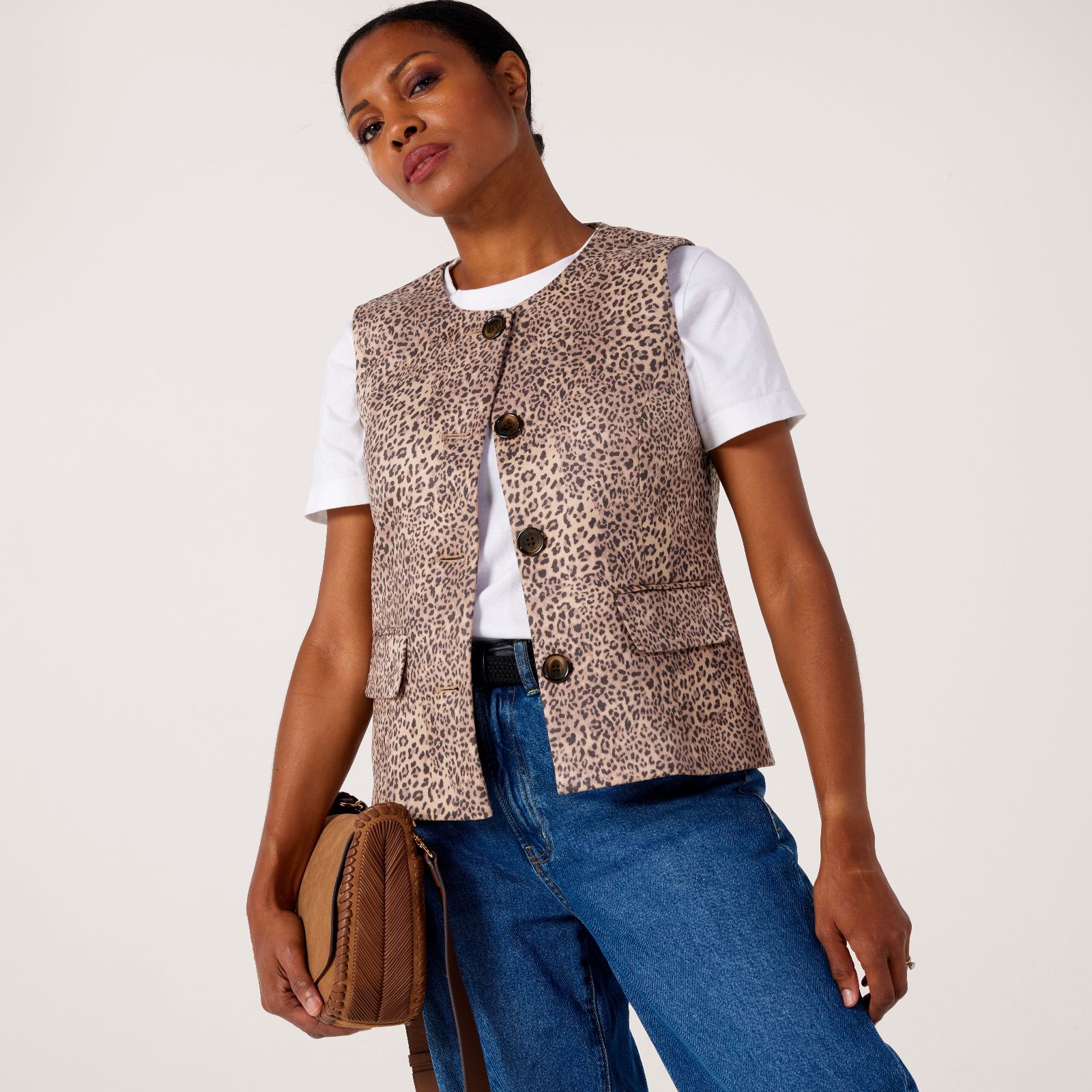 Helene Berman Animal Print Faux Suede Waistcoat with Buttons