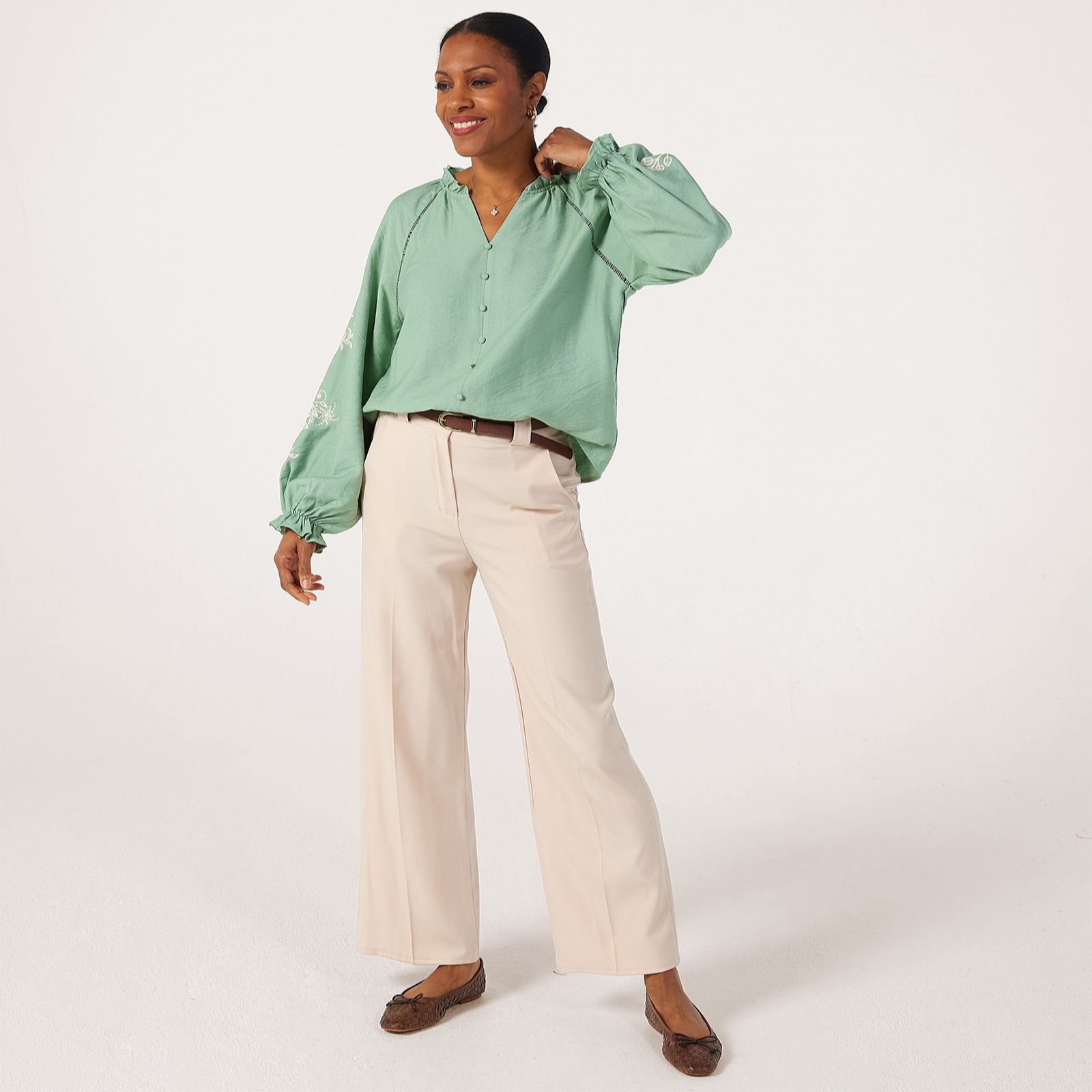 Izabel London Embroidered Sleeve Blouse - QVC UK