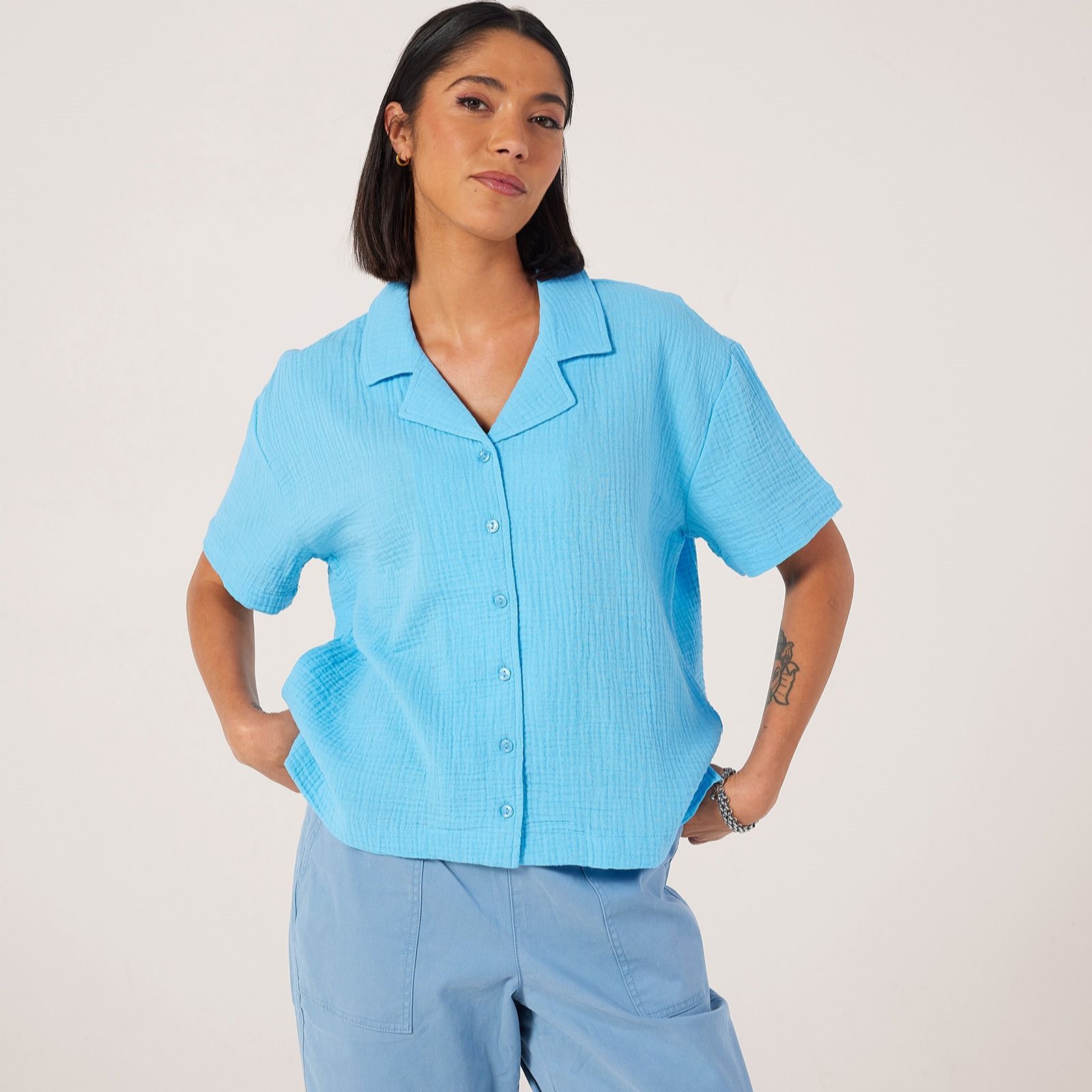 Denim & Co. Pure cotton textured Short sleeve shirt