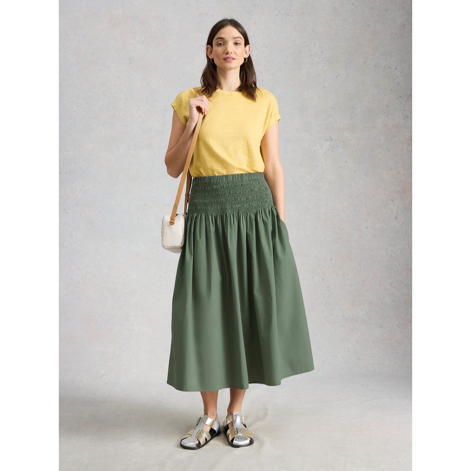 White Stuff Suri Shirred Midi Skirt Petite