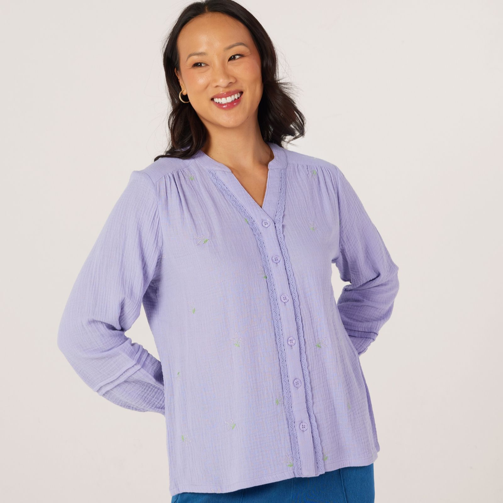 Denim & Co. Textured Cotton Embroidery Detail Blouse