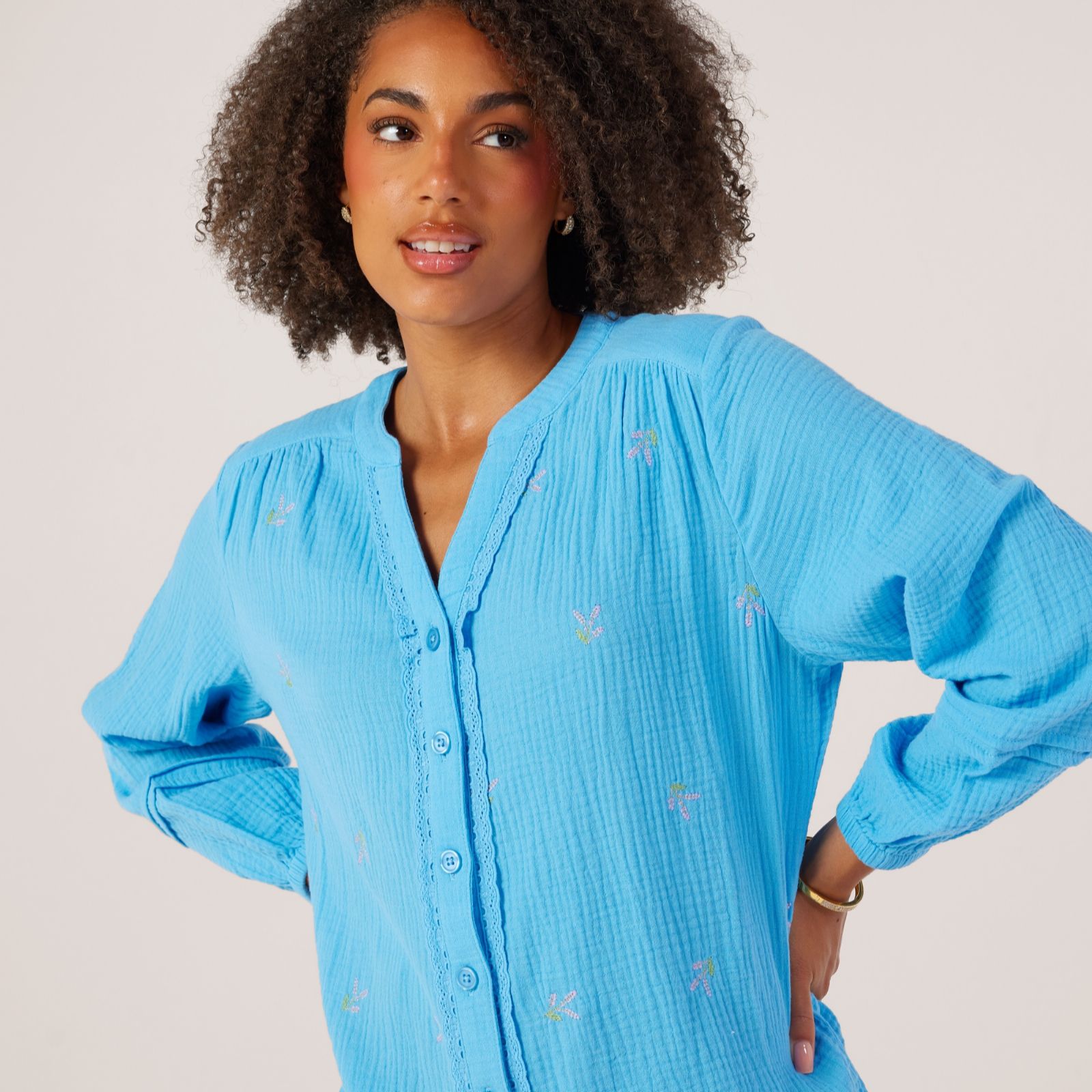 Denim & Co. Textured Cotton Embroidery Detail Blouse