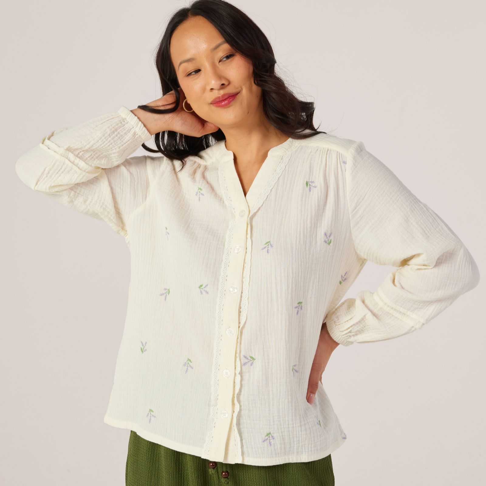 Denim & Co. Textured Cotton Embroidery Detail Blouse