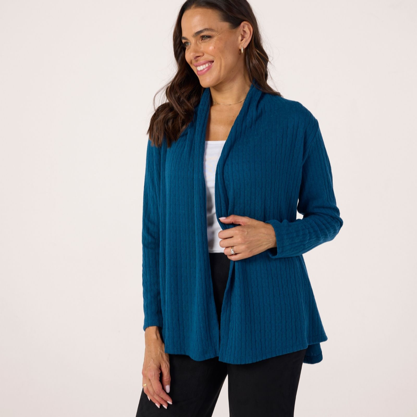 Kim & Co Fine Cable Knit Edge To Edge Long Sleeve Cardigan