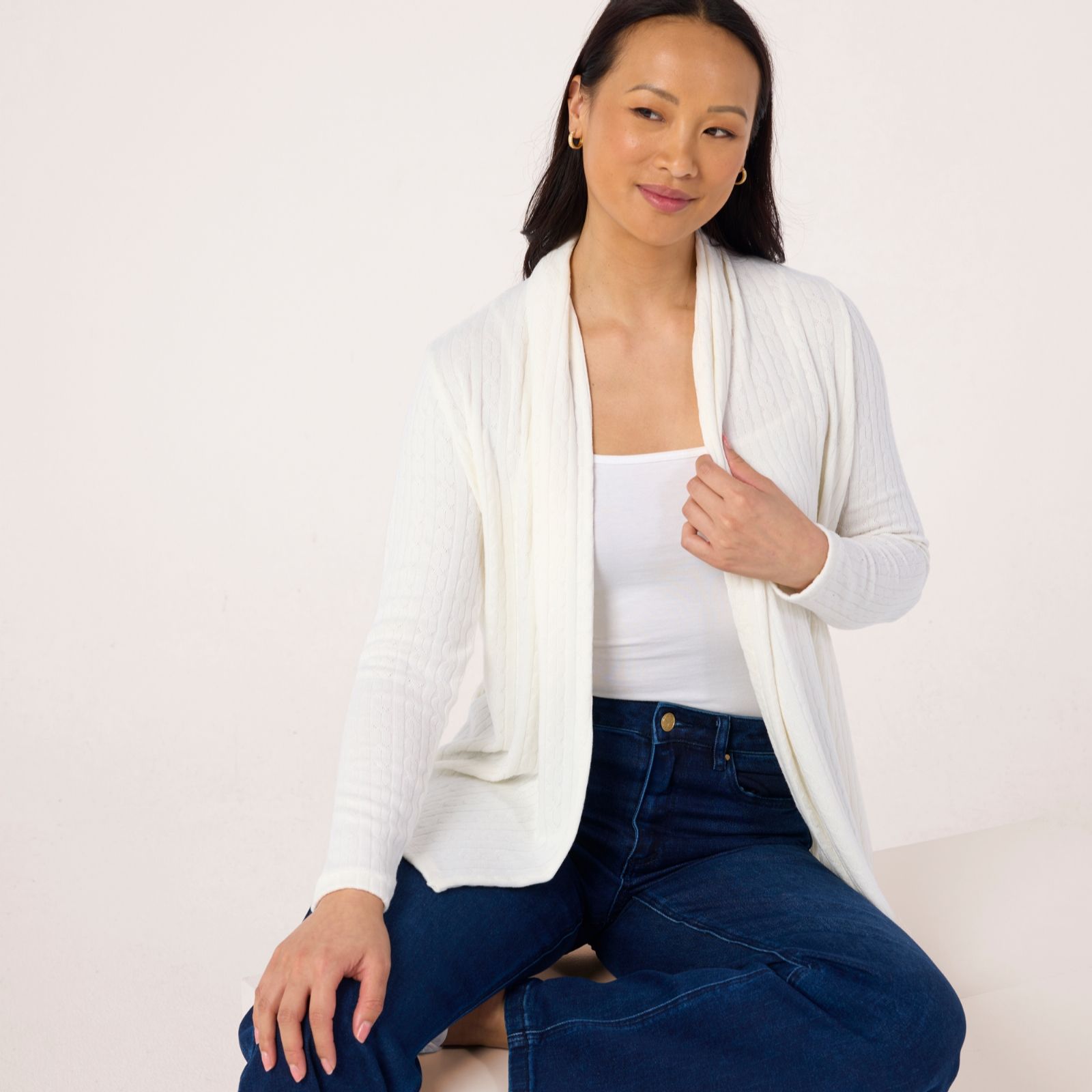 Kim & Co Fine Cable Knit Edge To Edge Long Sleeve Cardigan
