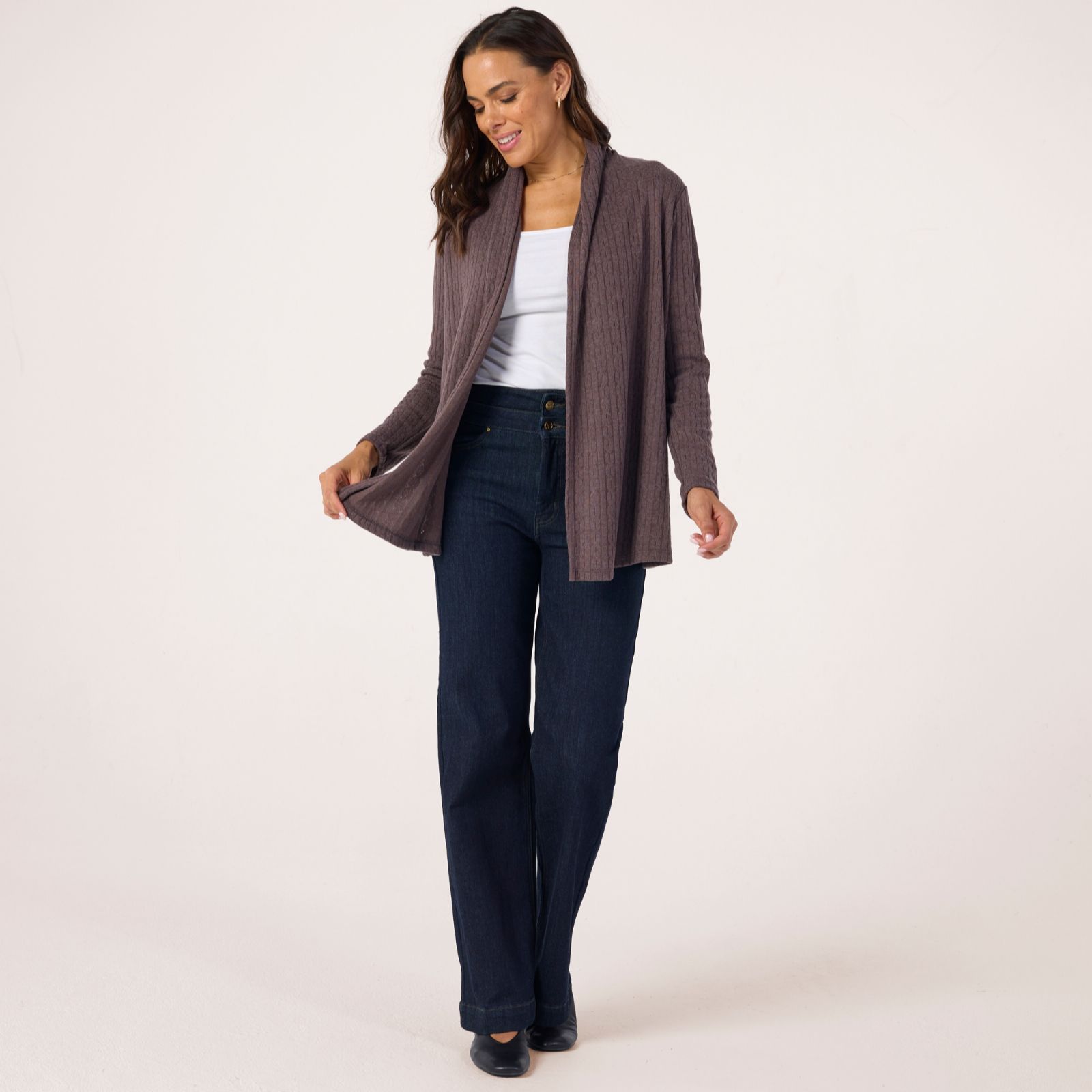 Kim & Co Fine Cable Knit Edge To Edge Long Sleeve Cardigan
