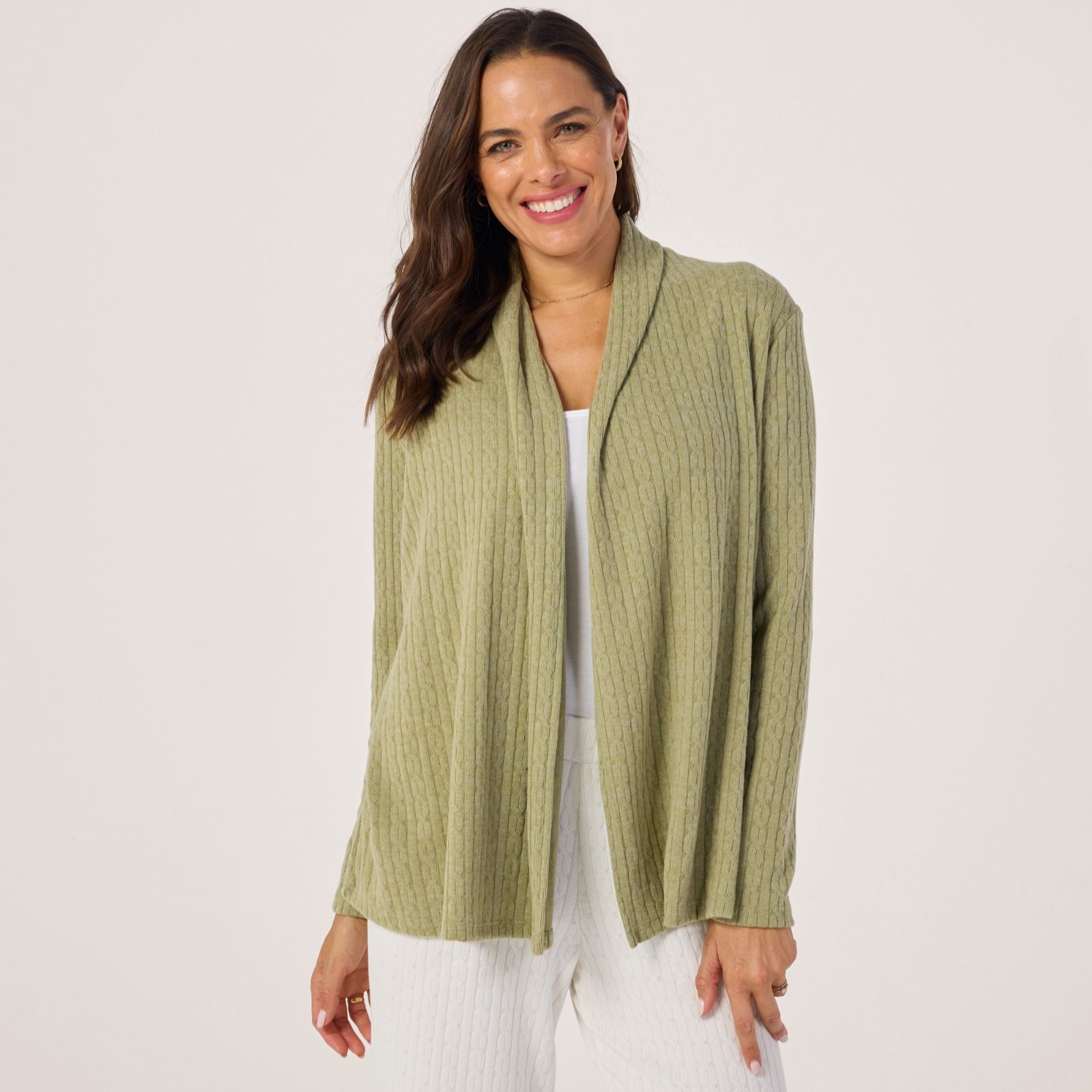 Kim & Co Fine Cable Knit Edge To Edge Long Sleeve Cardigan