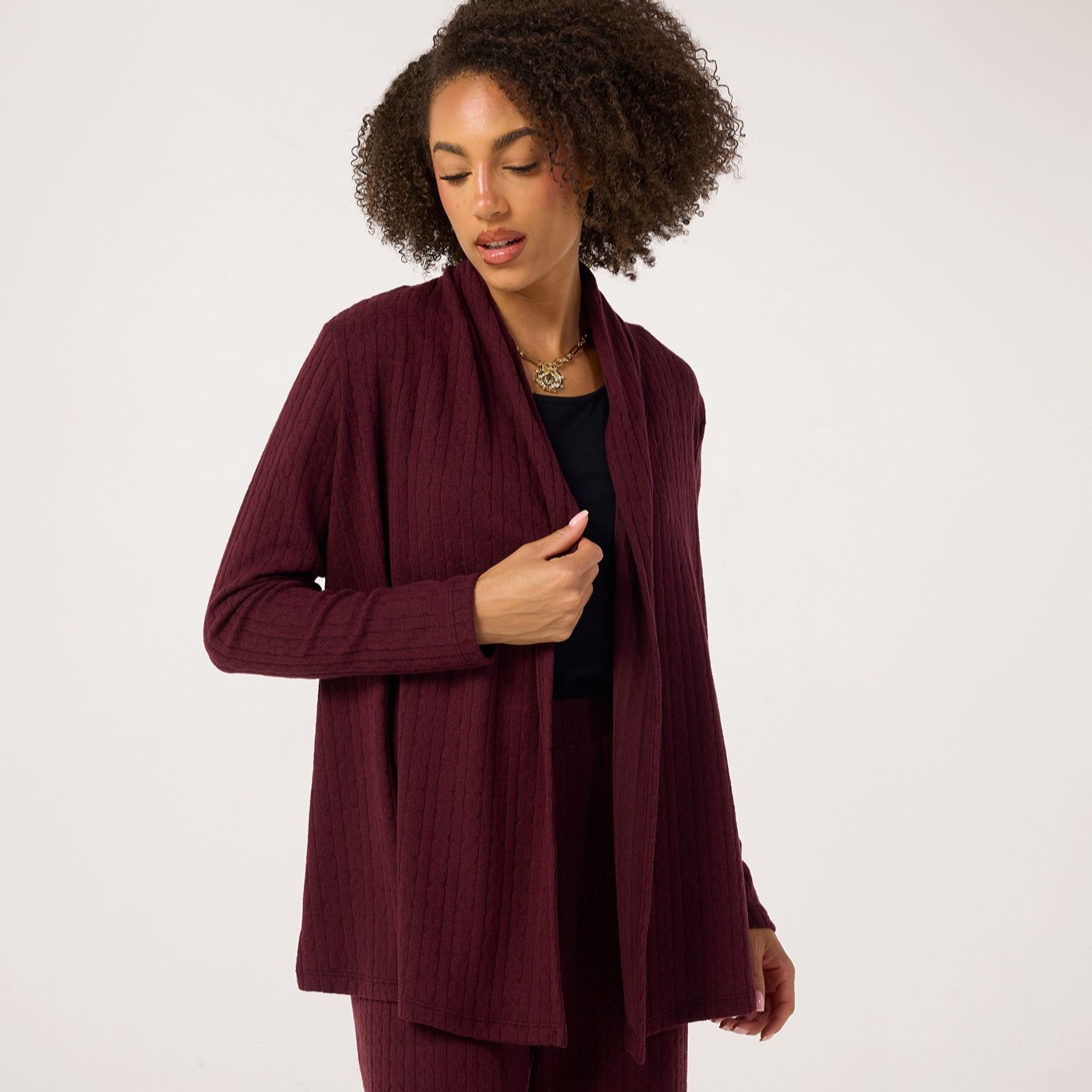 Kim & Co Fine Cable Knit Edge To Edge Long Sleeve Cardigan