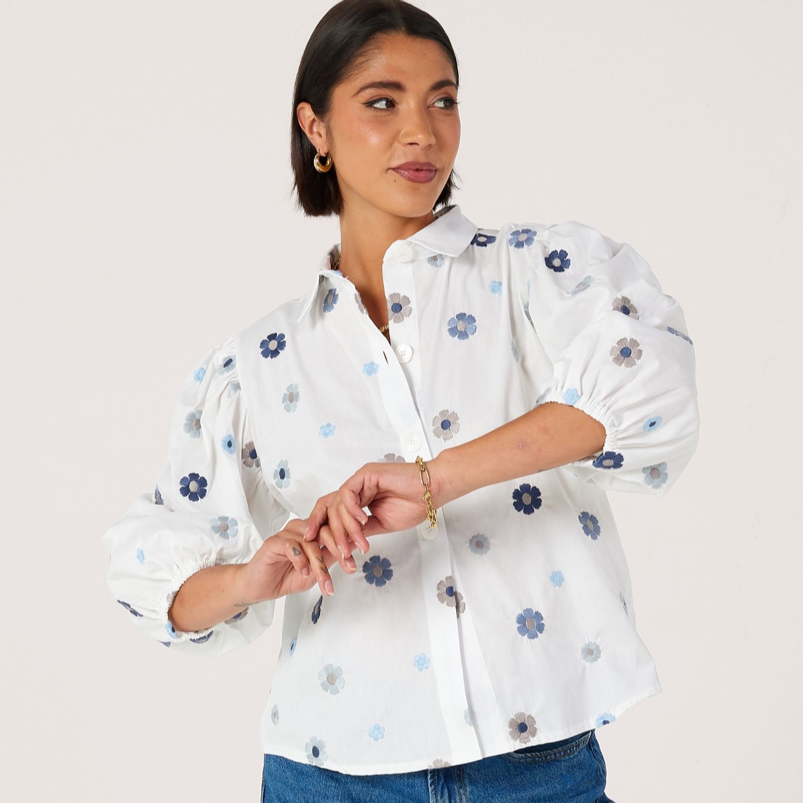 Helene Berman 100% Cotton Embroidered Multi Coloured Flower Shirt