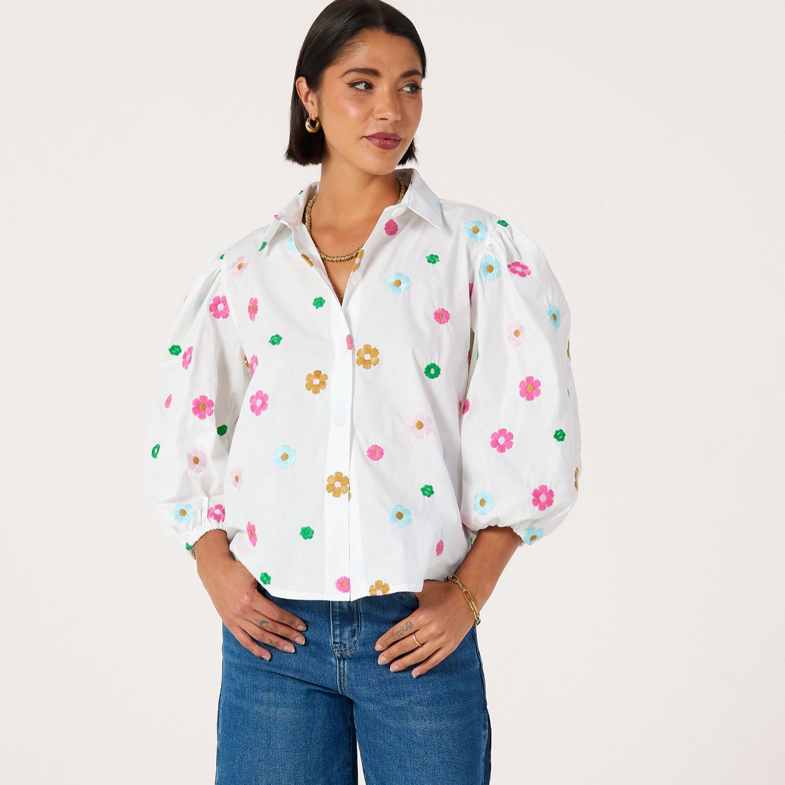 Helene Berman 100% Cotton Embroidered Multi Coloured Flower Shirt