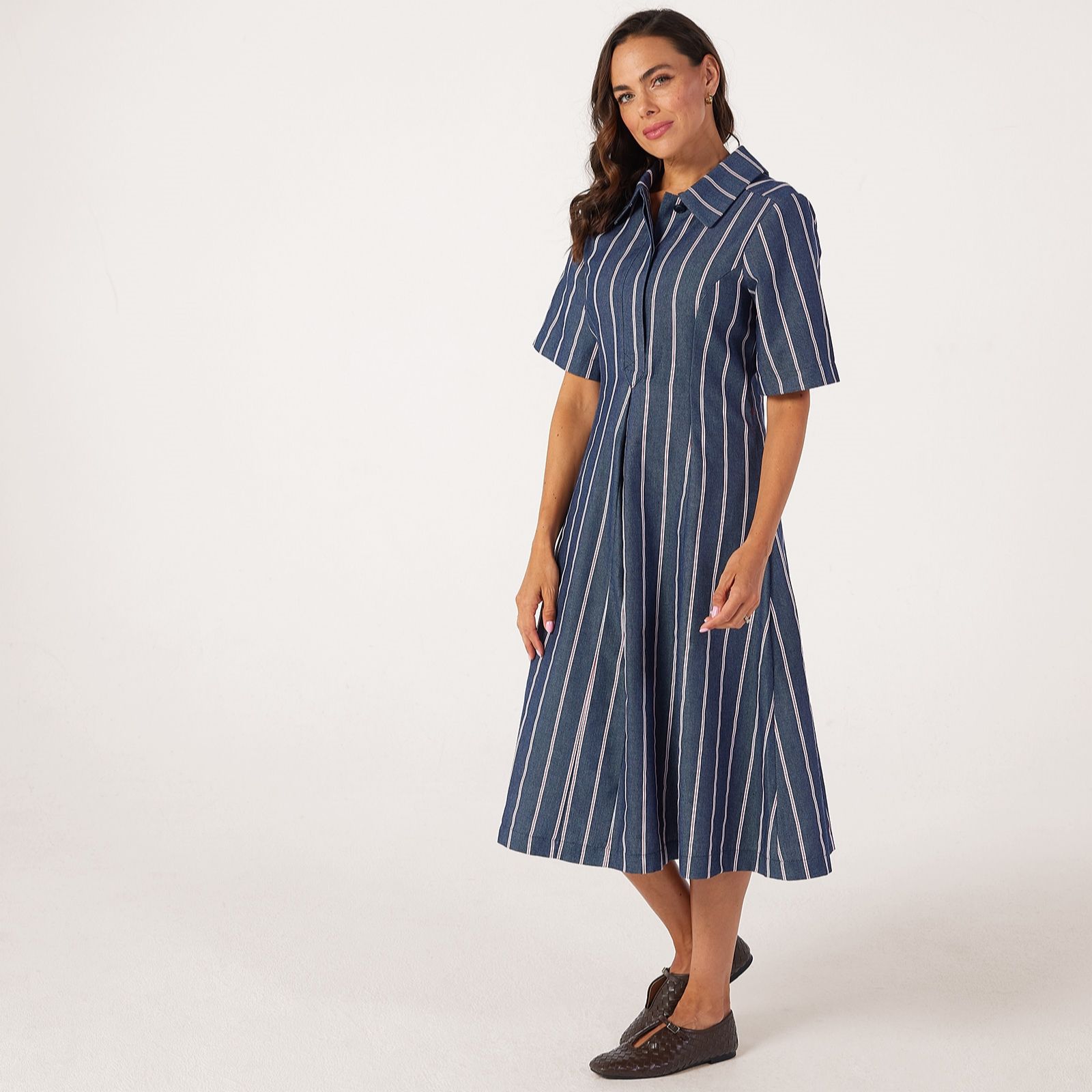 Helene Berman Red Striped Denim Fitted Waist Midi Dress