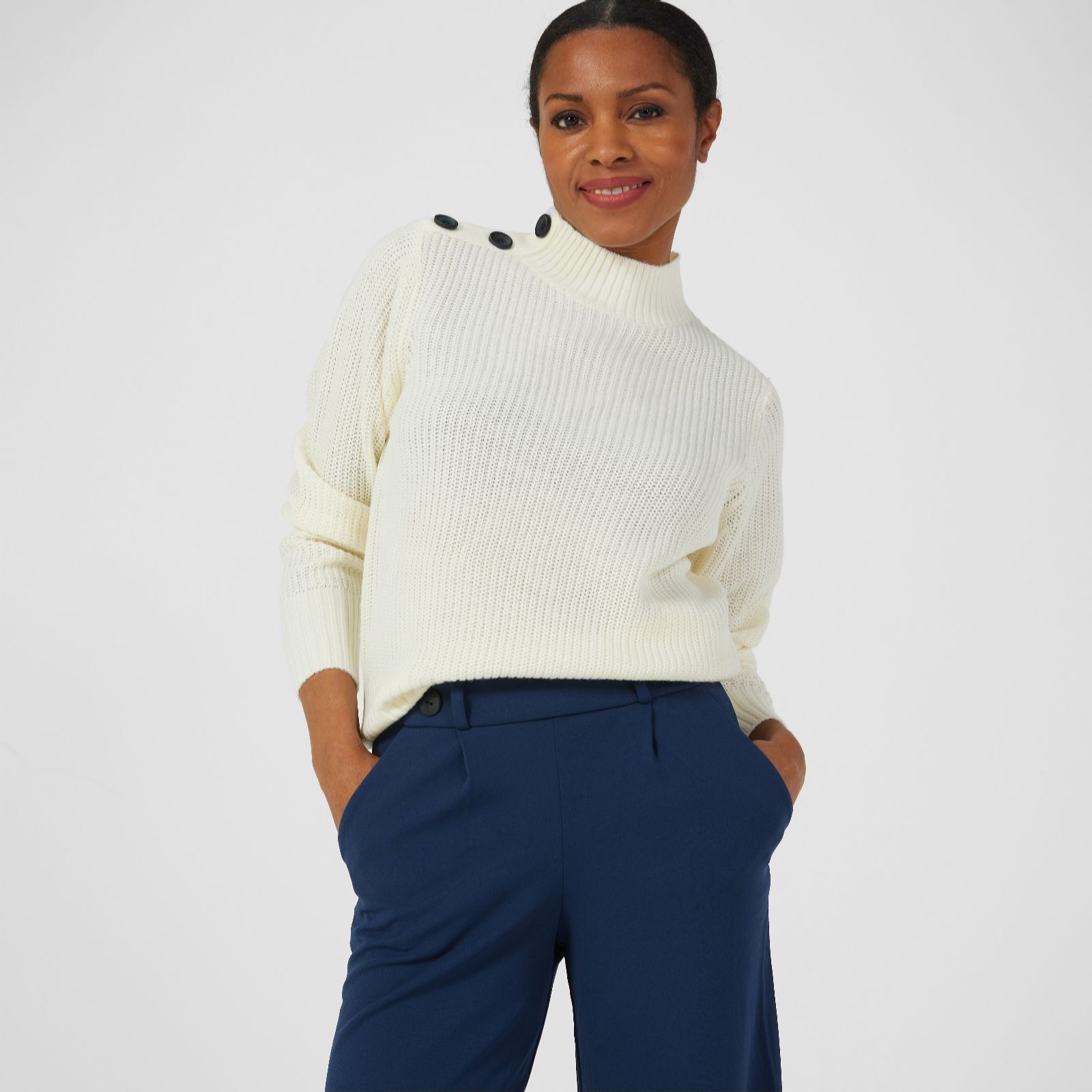 Blue Pointelle Button V Neck Jumper – Highstreet Outlet UK