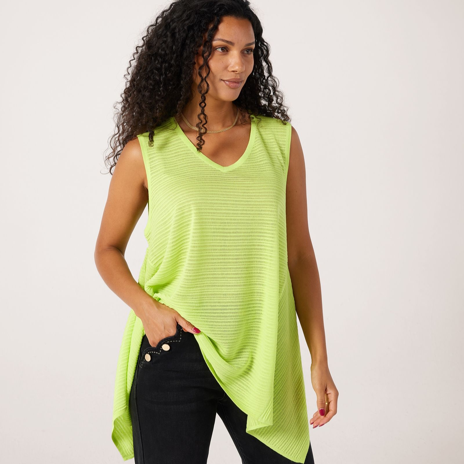 Malissa J Sleeveless Rib Effect Open Knit Top With Shark Hem